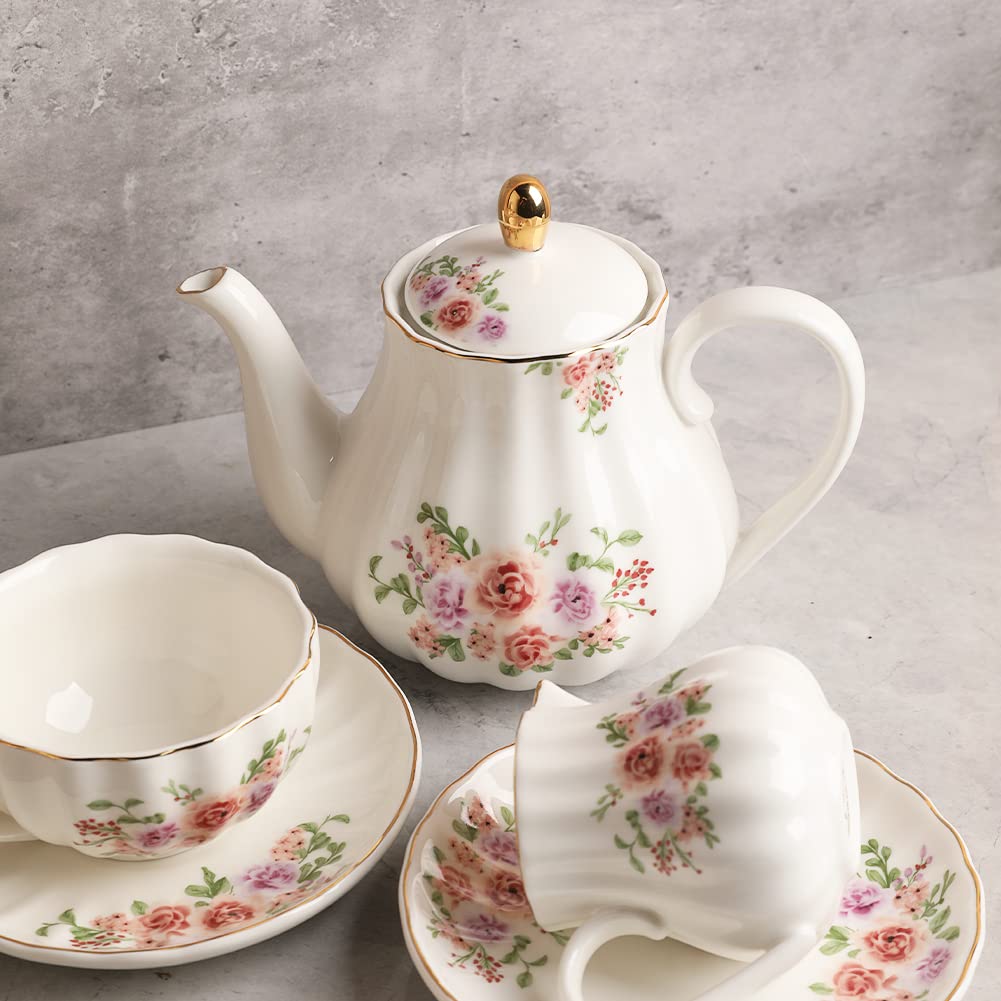 Porcelain Tea Sets British Royal Series, 8 Oz Cups & Saucer Service For 6, With Teapot Sugar Bowl Cream Pitcher Teaspoons And Te