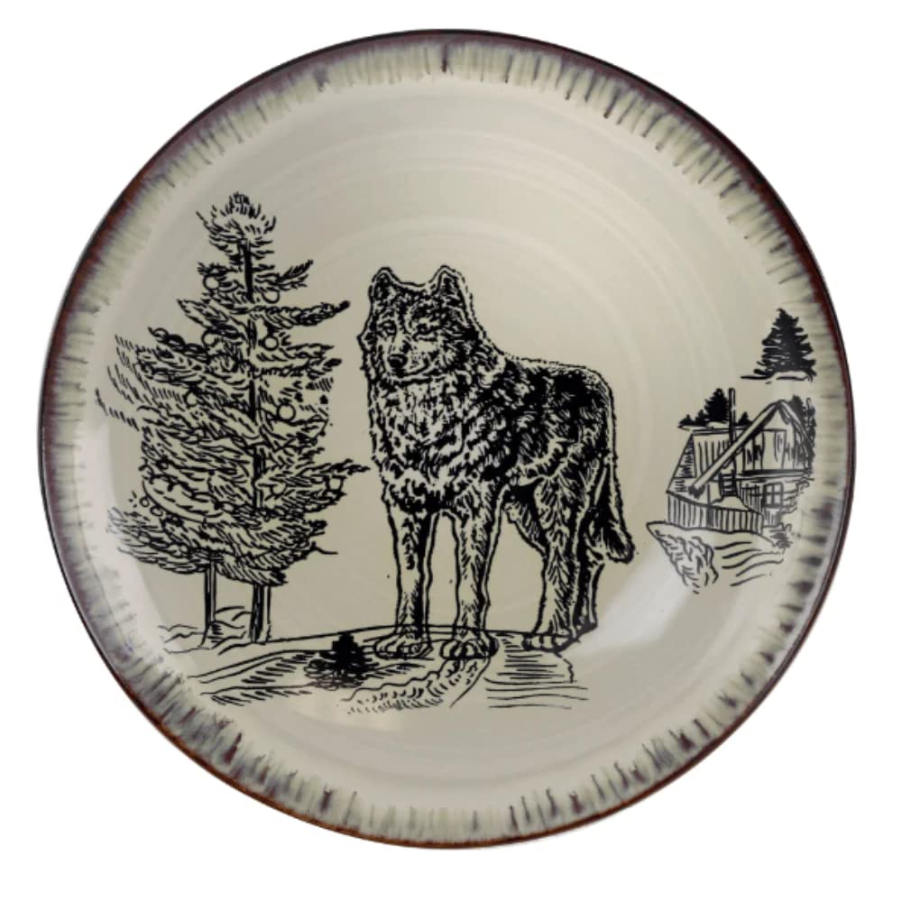 Elama Round Stoneware Cabin Dinnerware Dish Set, 16 Piece, Elk Design with Warm Taupe and Brown Accents