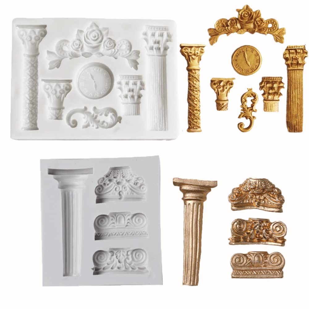 2Pcs Roman Column Marble Pillars Bas Relief Retro European Pattern Clock Silicone Molds For Fondant Candy Making Tools Chocolate