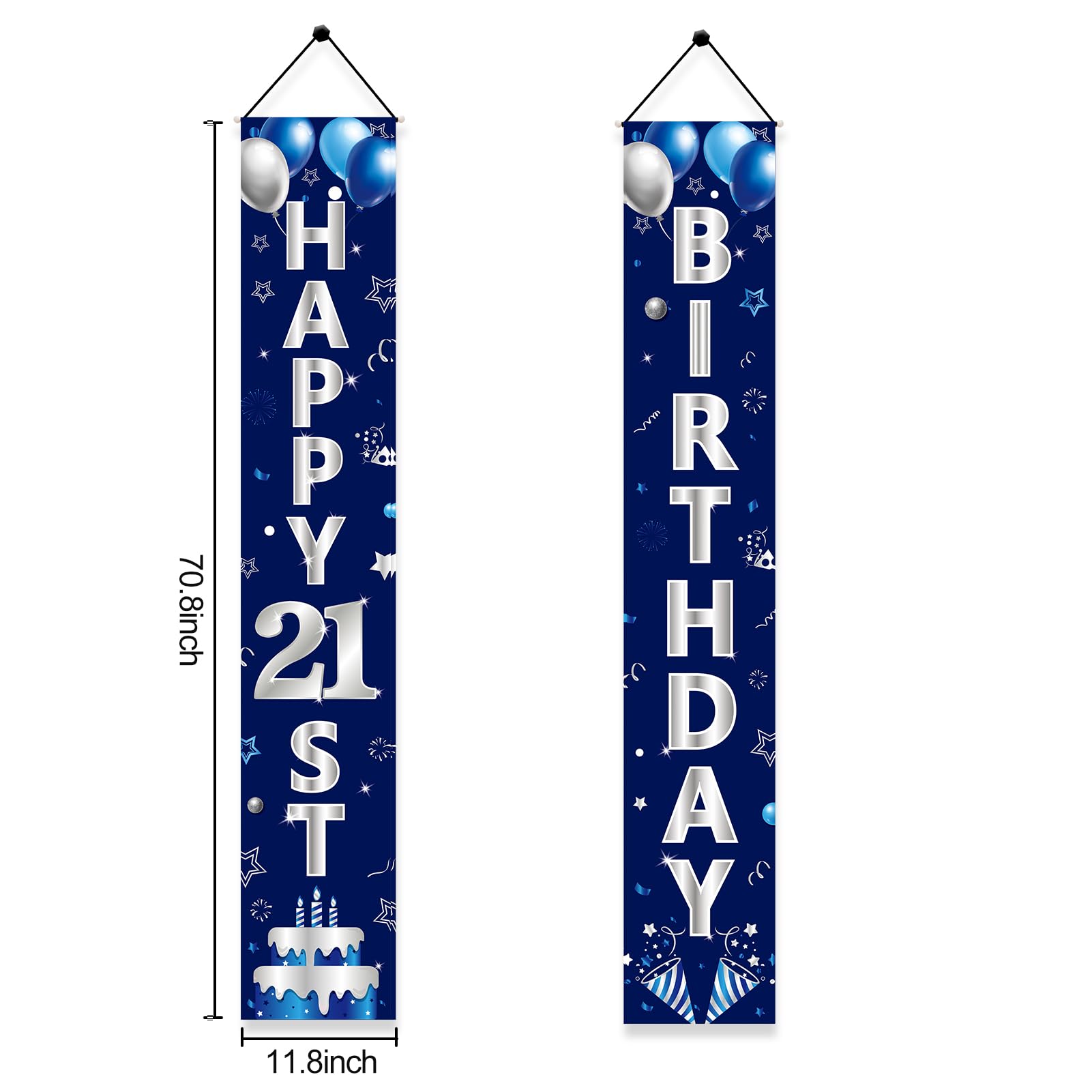 Turypaty Blue Silver 21St Birthday Door Banner Decorations, Happy 21 Birthday Party Porch Banner For Men, 21 Year Old Birthday P