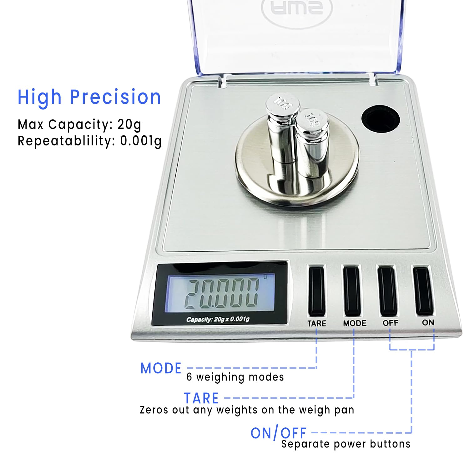 Gemini-20 Milligram Scale - 20G X 0.001G Precision Digital Scale In Silver & Black - Includes Calibration Weights, And Tweezers