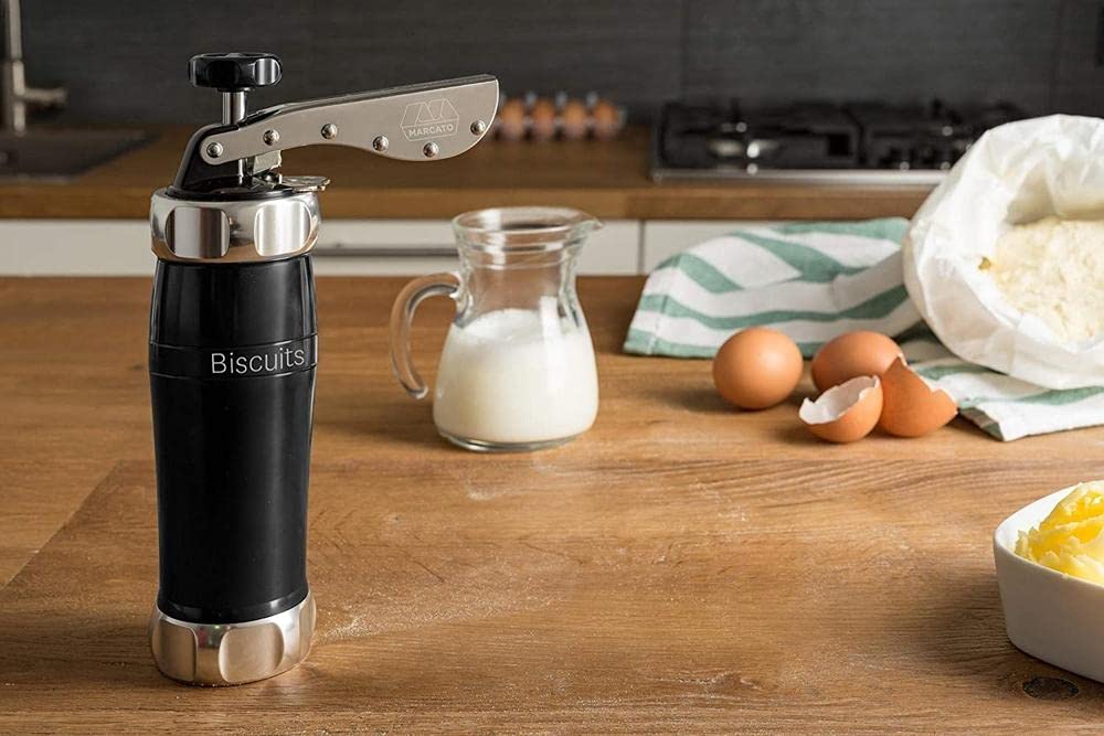 MARCATO Atlas Deluxe Biscuit Maker Cookie Press, 20 Disc Shapes, Aluminum, Black, Model 8307BLK