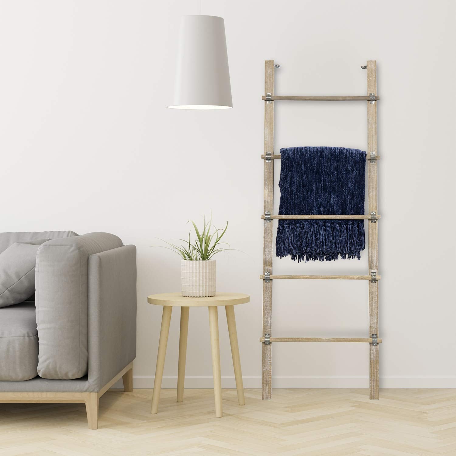 Mygift Solid Wood Vintage Brown Washed Wall Leaning Quilt Ladder, Farmhouse Bathroom Ladder Holder Rack With Rustic Metal Cuffs