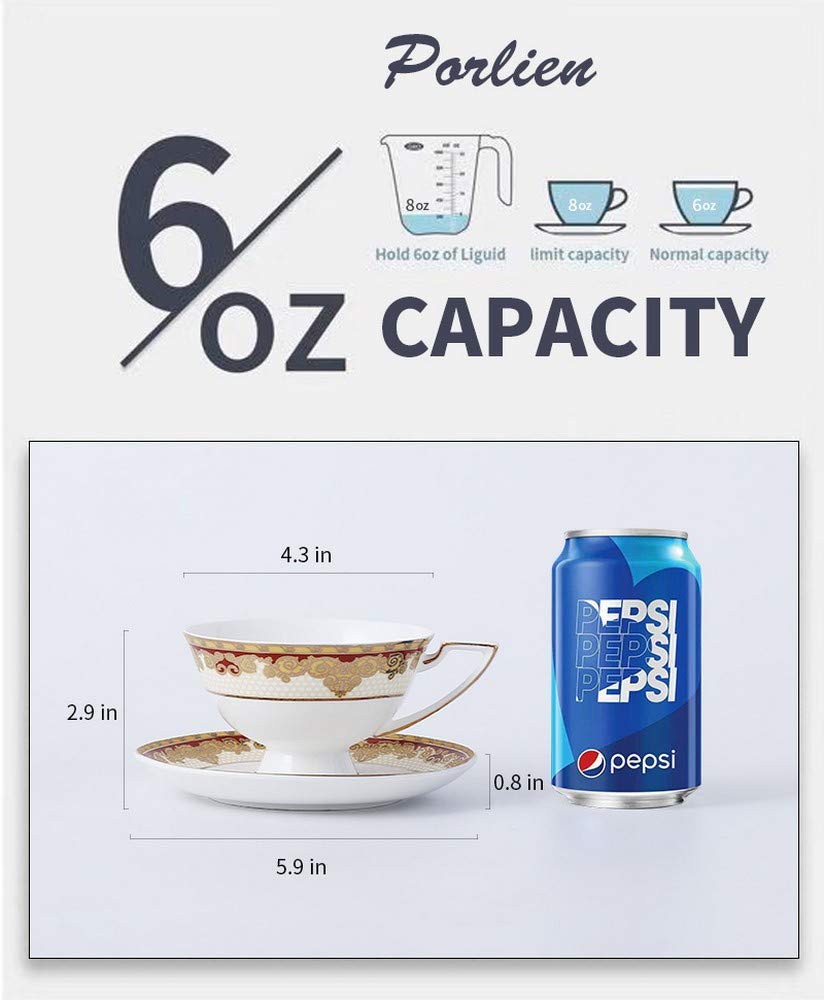 Porlien Exquisite Bone China 17-Piece Tea Set For 6, Porcelain Tea Set With Teapot, Red Pattern Trimmed With Gold