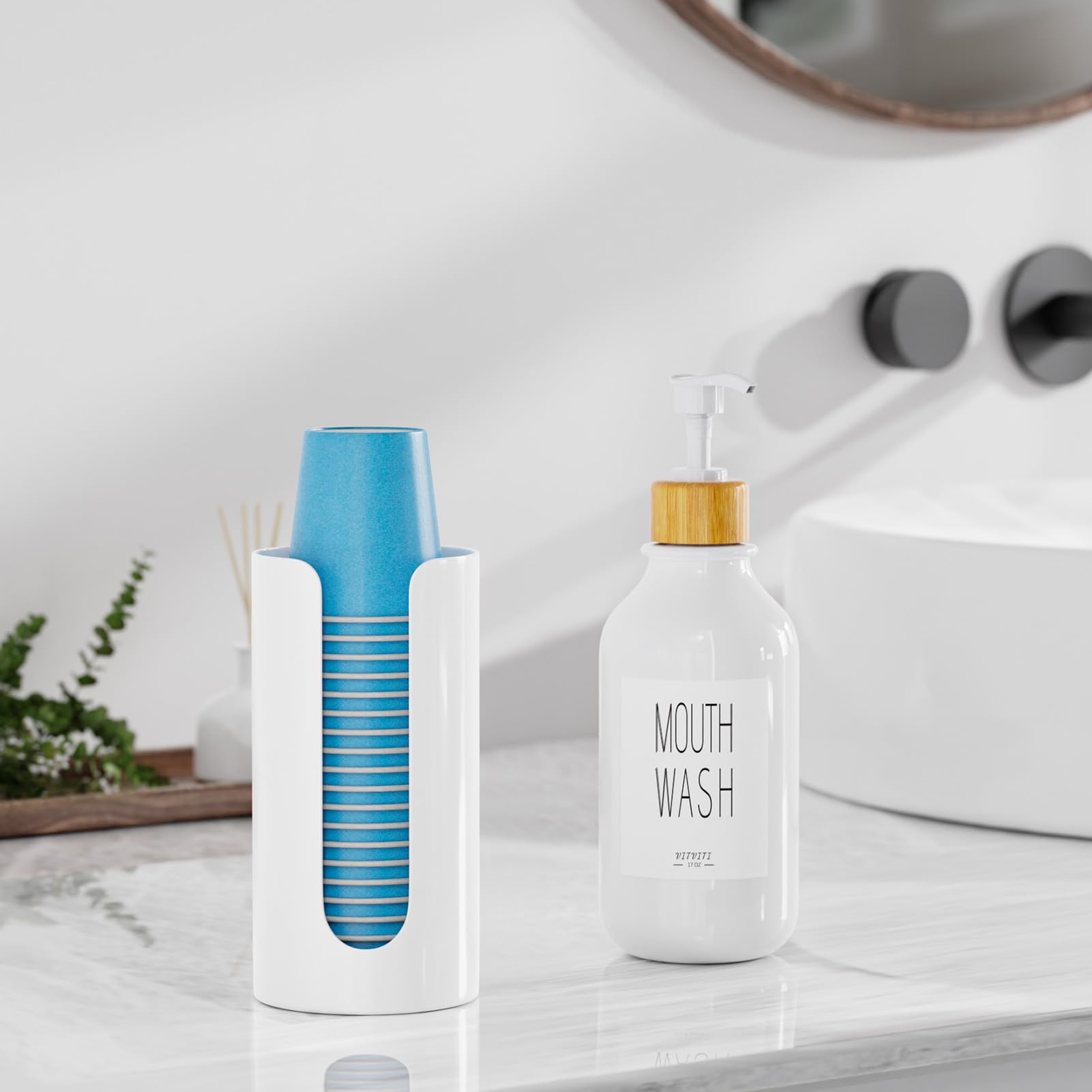 Vitviti Mouthwash Dispenser For Bathroom, Mouth Wash Dispenser Wall Mounted With Cup Holder, 17Oz Refillable Mouthwash Pump Cont