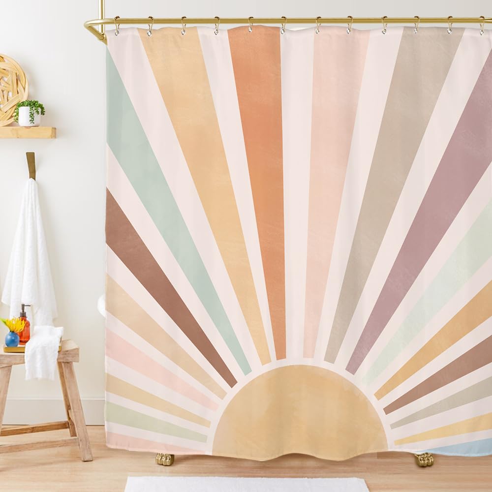 Miyotaa Colorful Sun Watercolor Shower Curtain Set 60Wx71H Inches 70S Retro Yellow Sunshine Sunrise Sunset Abstract Cute Girls A