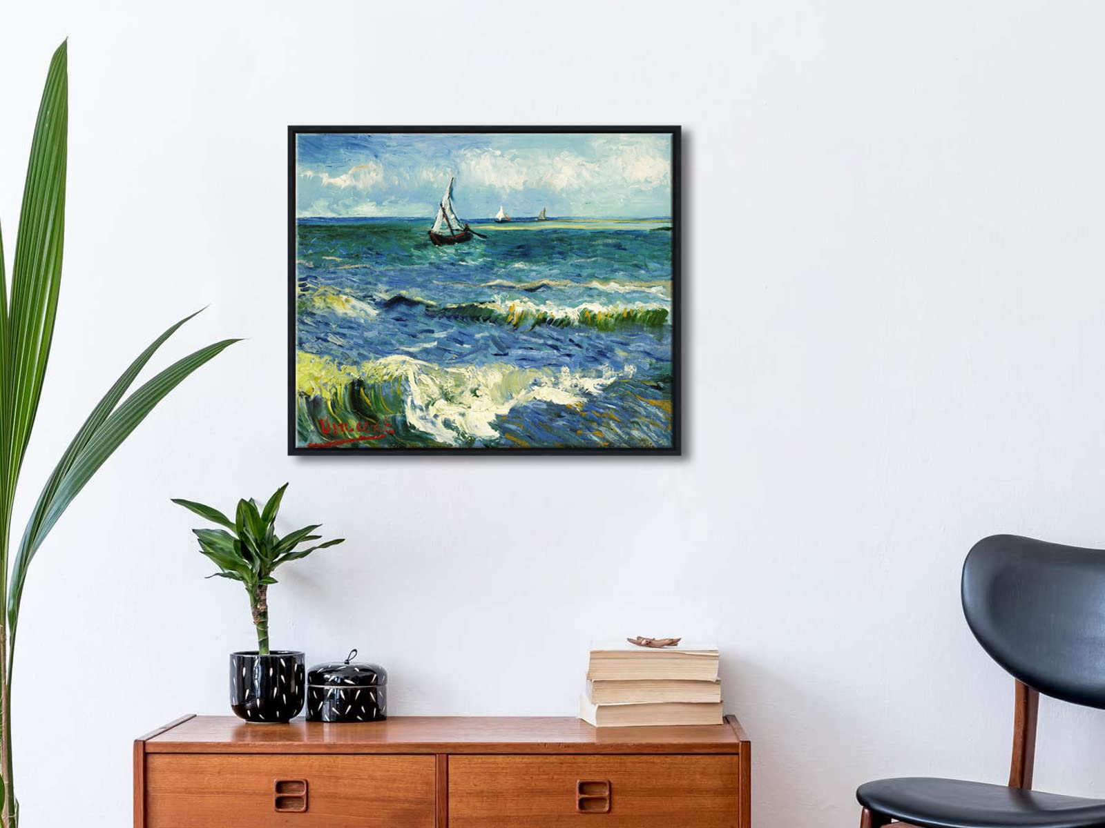 Wieco Art Black Framed Art Seascape At Saintes Maries By Vincent Van Gogh Oil Paintings Reproduction Modern Canvas Prints Sea Pi