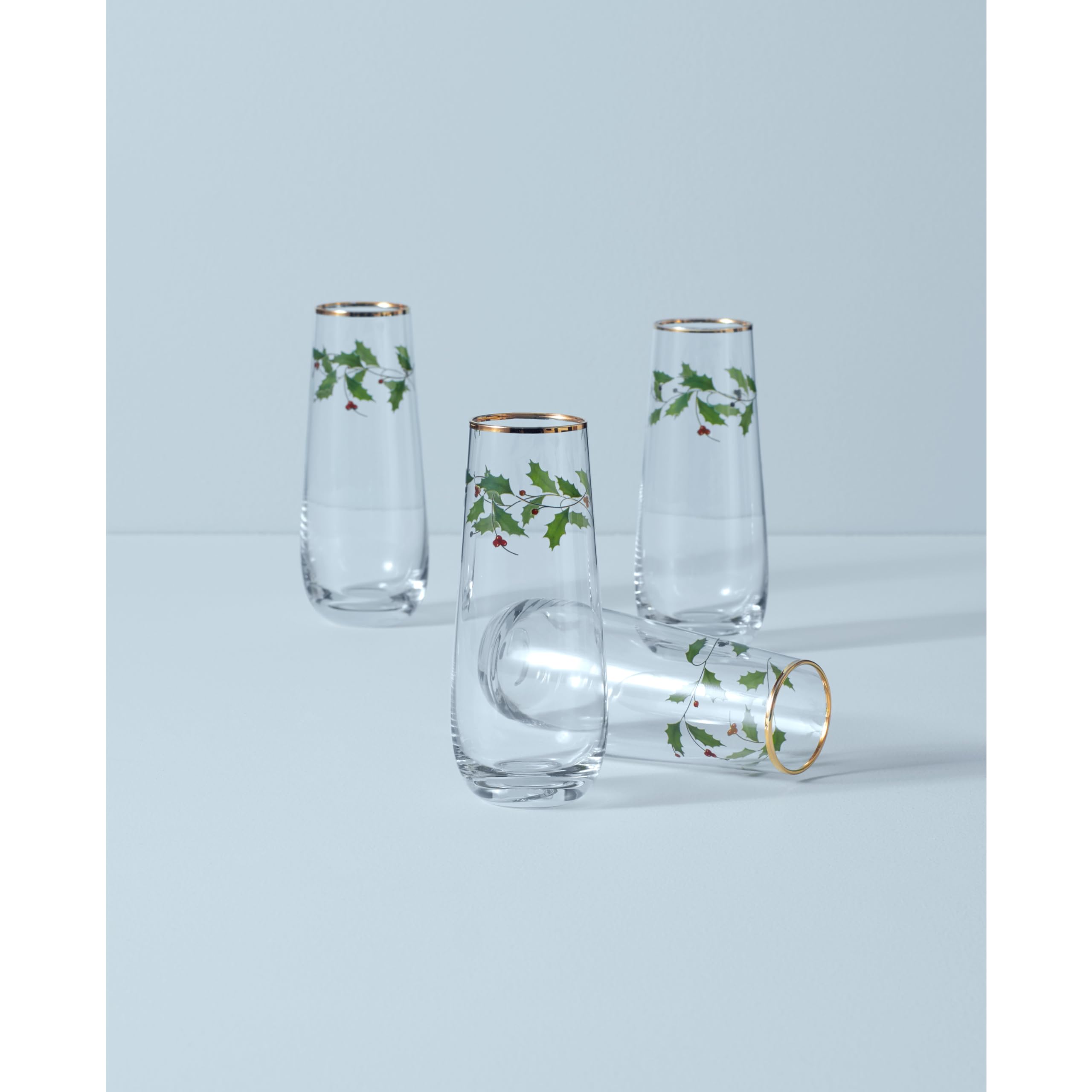 Lenox Holiday 4-Piece Stemless Flute Set, Glass, Red & Green, Model 889237