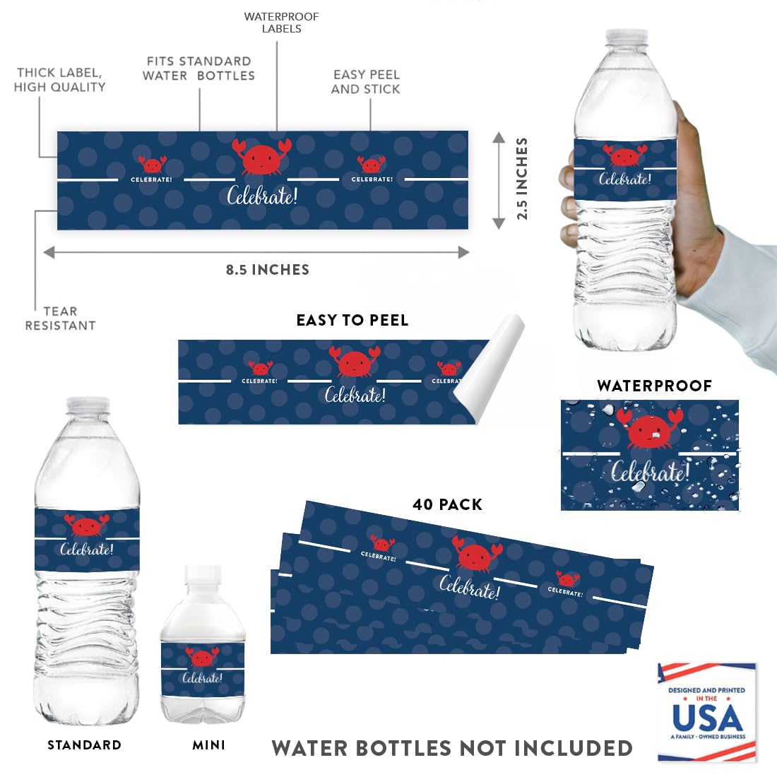 Andaz Press Birthday Water Bottle Labels Stickers, Nautical Crab, 20-Pack, For Decor Decorations Dessert Table Wraps