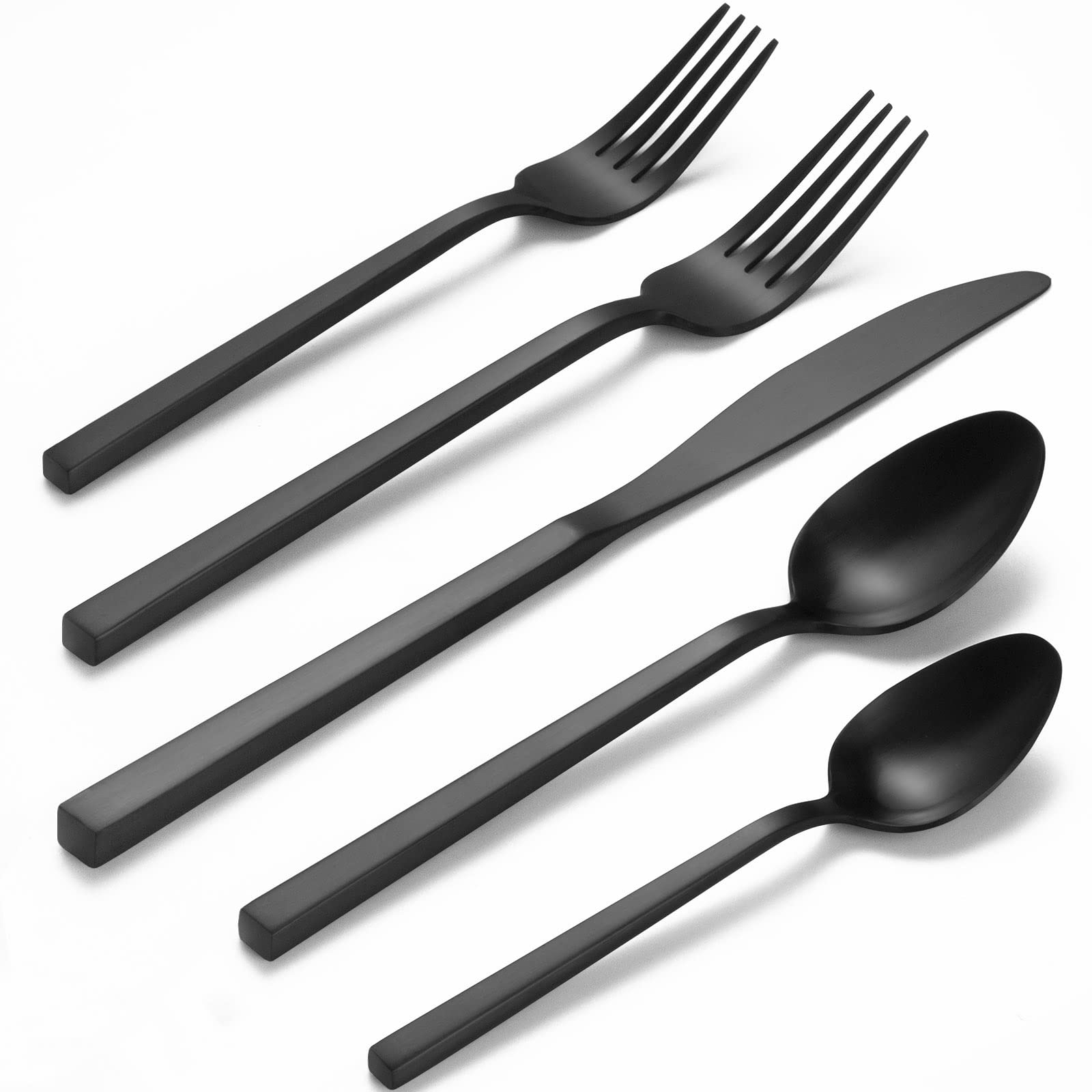 Alata Cube Black 20-Piece Forged Silverware Set Stainless Steel Flatware Set,Service For 4,Matte Satin Polished Cutlery Set,Dish