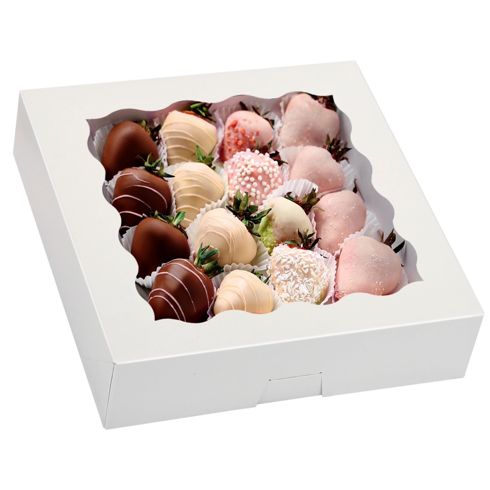 Moretoes 35pcs Pie Boxes 10x10x2.5 Inches Cookie Boxes Bakery Boxes with Window for Cookies  Pastries  Pies  Chocolate Covered Strawberries  Valentine's Day (White)