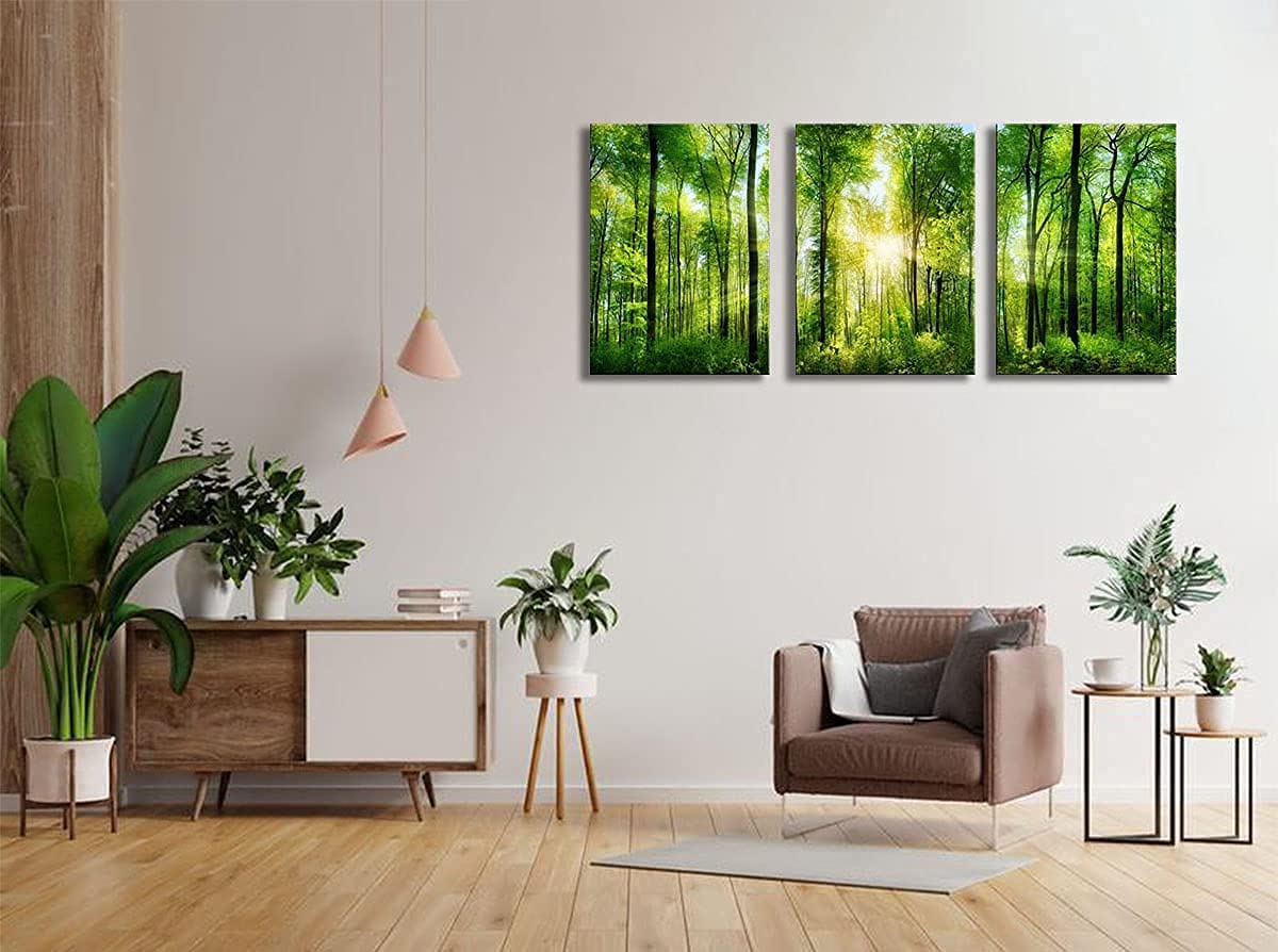 HLJ ART 3 Panels Morning Sunrise Green Trees Landscape Sunshine Over Forest Photograph Printed on Canvas for Home Wall Decoration (Green  12x16inchx3)