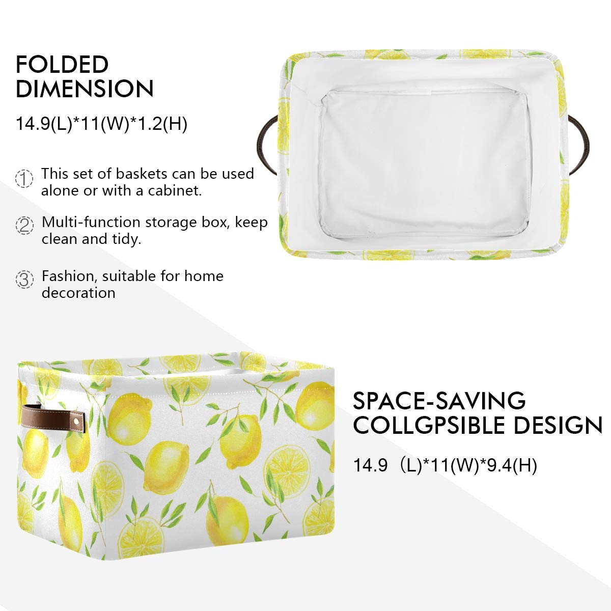 Keepreal Fresh Lemons Pattern Rectangle Storage Bin, 15 X 11 X 9.5 In, Collapsible Organizer Storage Basket For Home D  Cor
