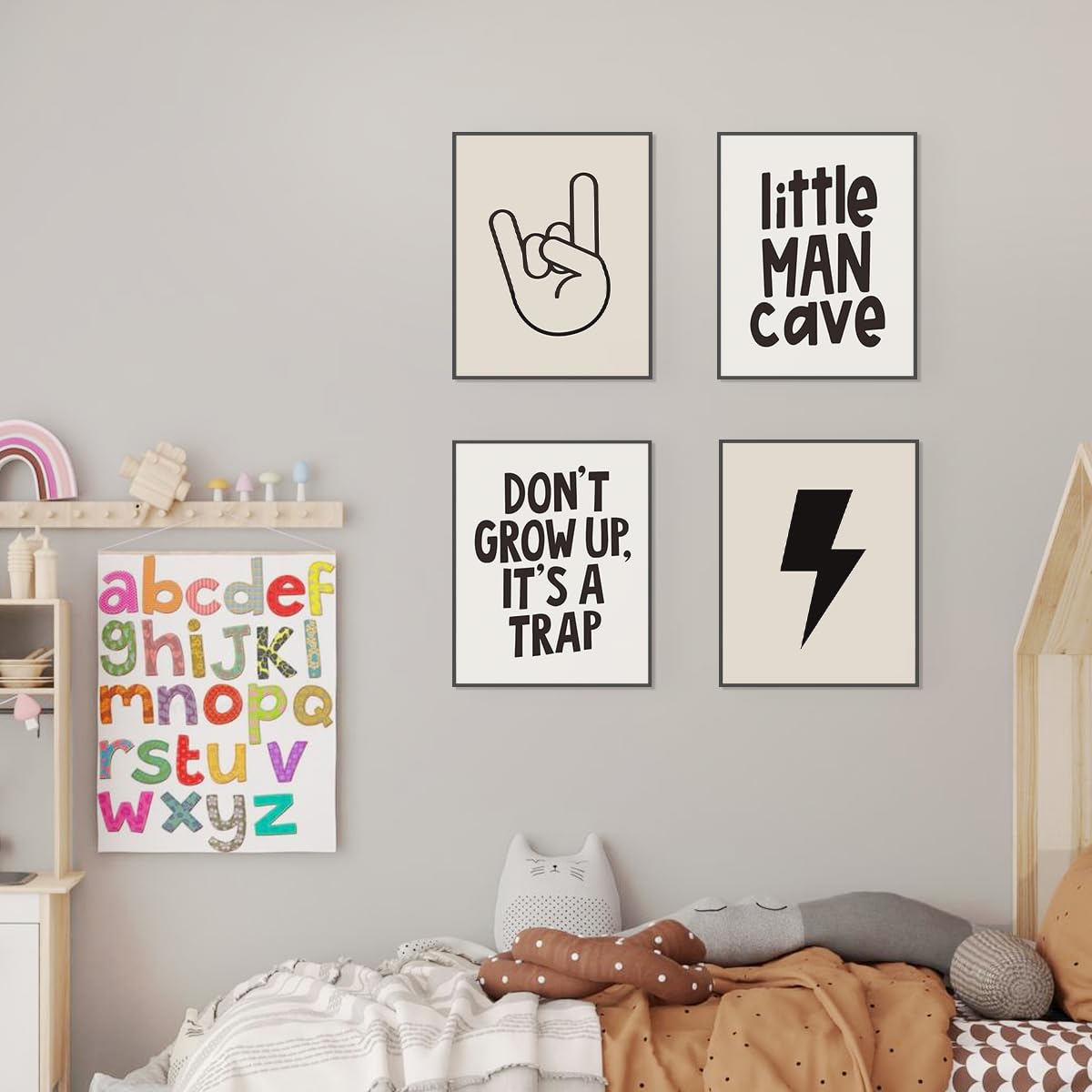 Plkmn Little Man Cave Wall Art Prints,Preppy Peace Hand Lightning Sign Poster Prints For Boys Teen Bedroom Playroom Dorm Decor,D