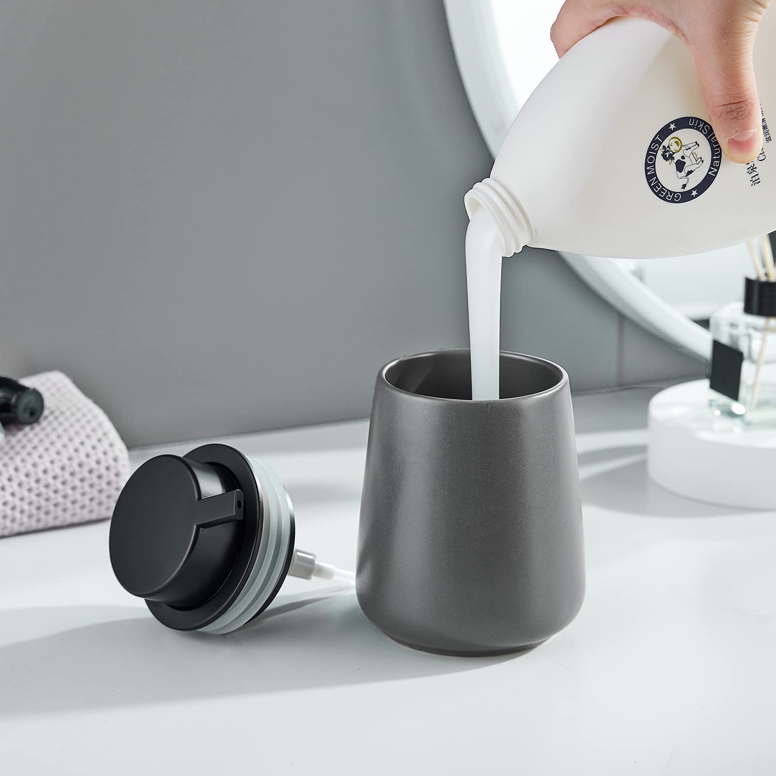 12Oz Grey Hand Soap Dispenser - Modern Ceramic Lotion Soap Dispenser With Easy-To-Press Black Pump, Reusable And Refillable Liqu