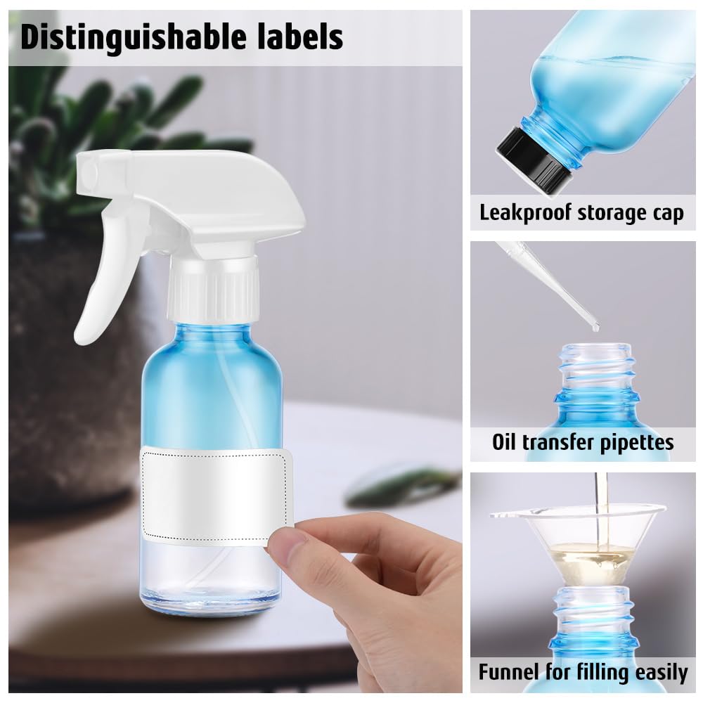 Tecohouse Glass Spray Bottles 4 Oz, 2 Pack Spray Bottles For Hair Empty Refillable Fine Mist Sprayer With Labels, Funnel, Pipett