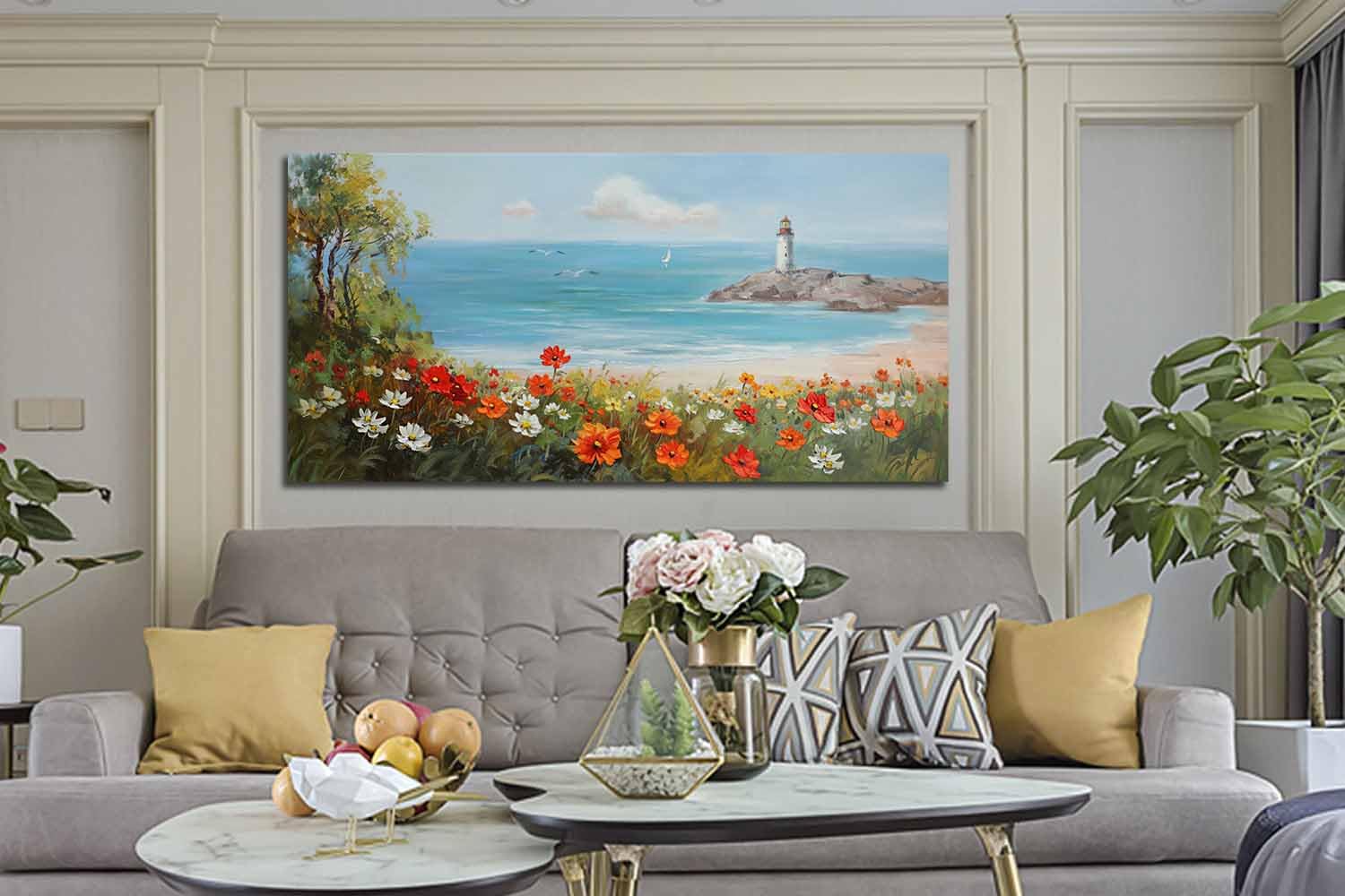 Ardemy Flowers Wall Art Canvas Blue Ocean Lighthouse Painting Seascape Landscape Coastal Picture Textured Floral Artwork Large F