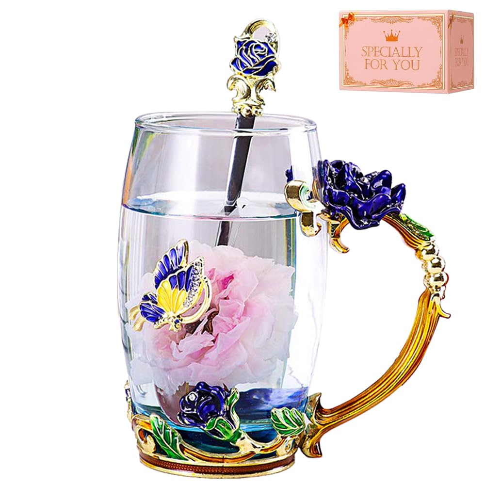 Dasyfly Enamel Glass Tea Cup Blue Rose Coffee Mug,Personalized Gifts For Birthday Mothers Day Anniversary Christmas For Mom,Wome