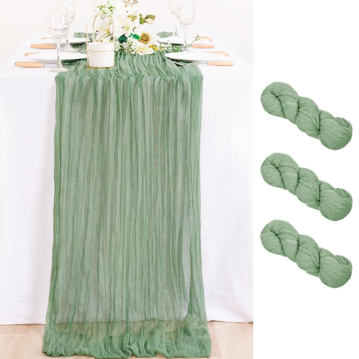 MLMC 3 Pack Sage Green Table Runner 10ft Rustic Boho Cheesecloth Table Runner Spring Cheese Cloth Centerpiece Decor 35x120 Inche