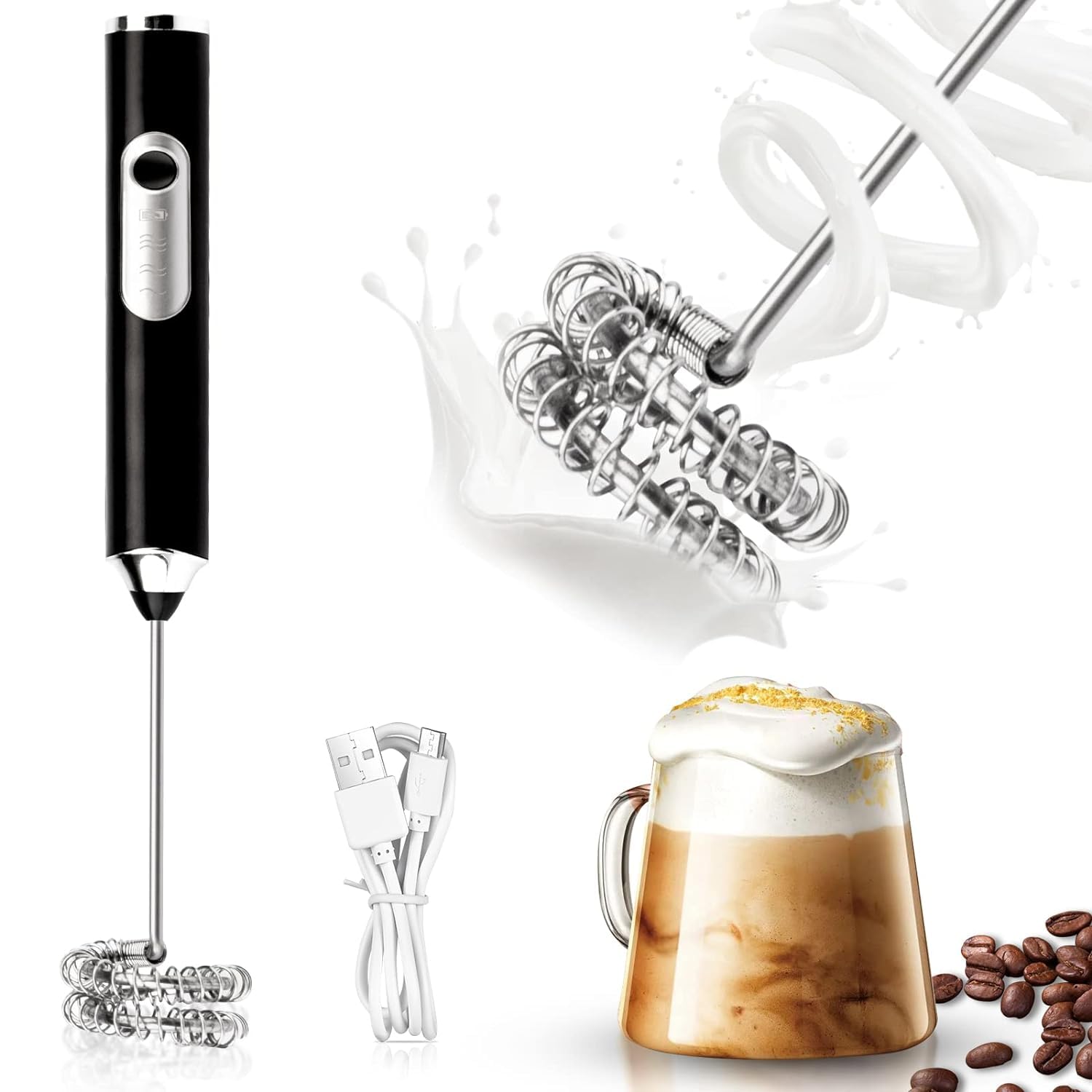 Zuvexa USB Rechargeable Electric Foam Maker - Handheld Milk Wand Mixer Frother for Hot Milk, Hand Blender Coffee, Egg Beater (Bl