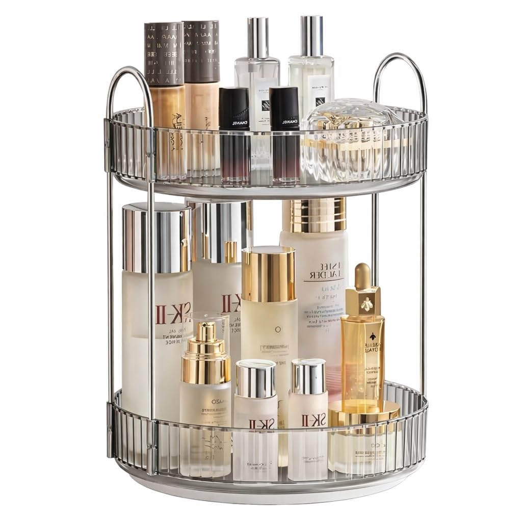 360 Rotating Makeup Organizer With Drawers | 2 Layer Cosmetic & Skincare Storage Rack For Vanity, Bathroom Countertop & Dressing