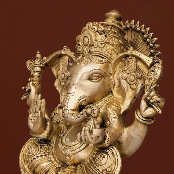 Brass Ganesha Statue With Mosaic, Handcarving Of Astavinayak In The Bottom 27.5 Cm Brass Ganesh Idol, Ganpati Idol House Warming