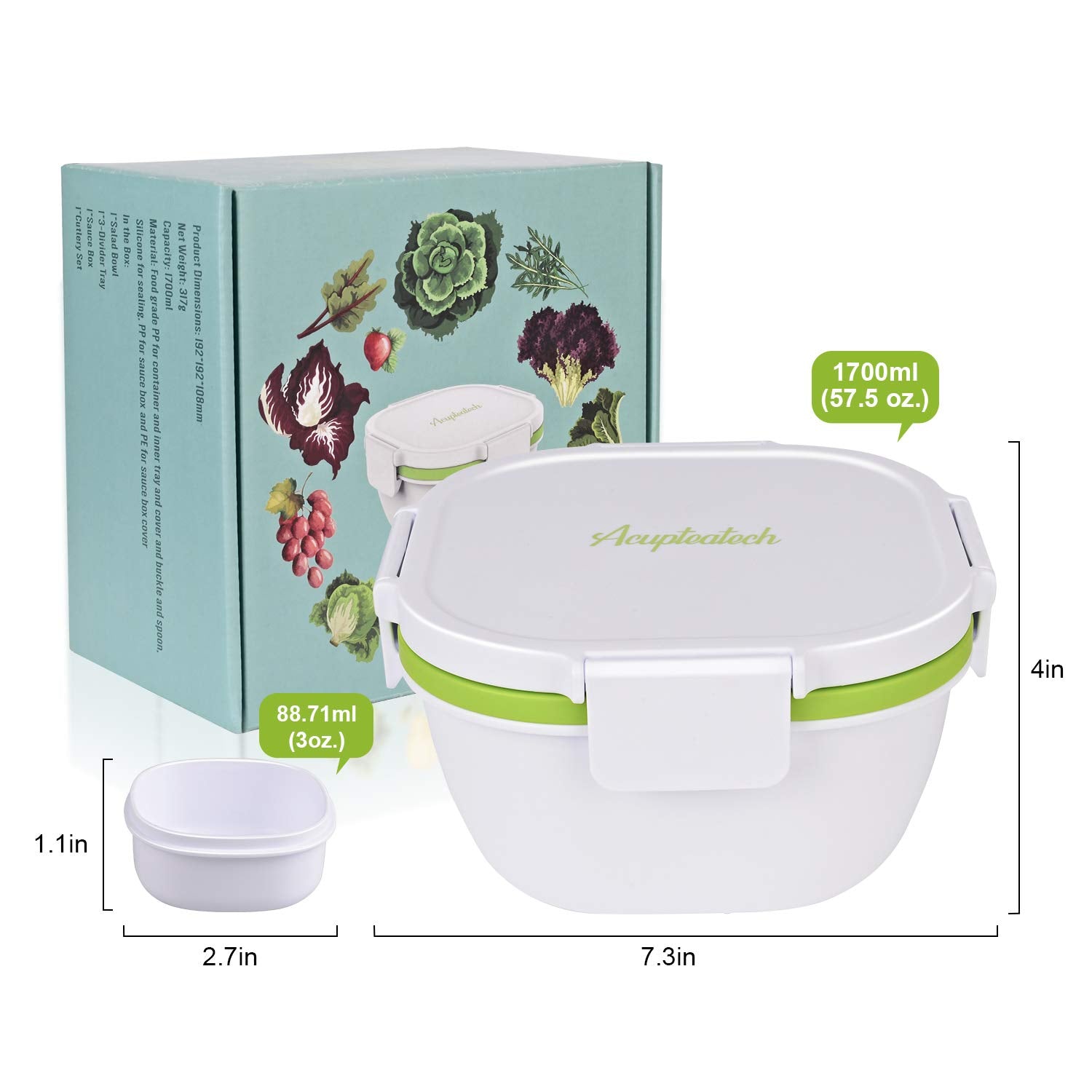 Upgraded Large Salad Bowl With Lid Leak-Proof 57.5Oz Stackable Salad Lunch Box With Larger Capacity Container And 3-Compartment