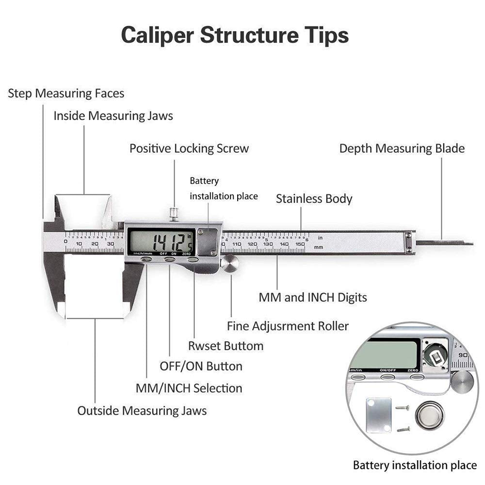 Digital Caliper, Caliper Measuring Tool With Stainless Steel, Electronic Micrometer Caliper With Large Lcd Screen, Auto-Off Feat