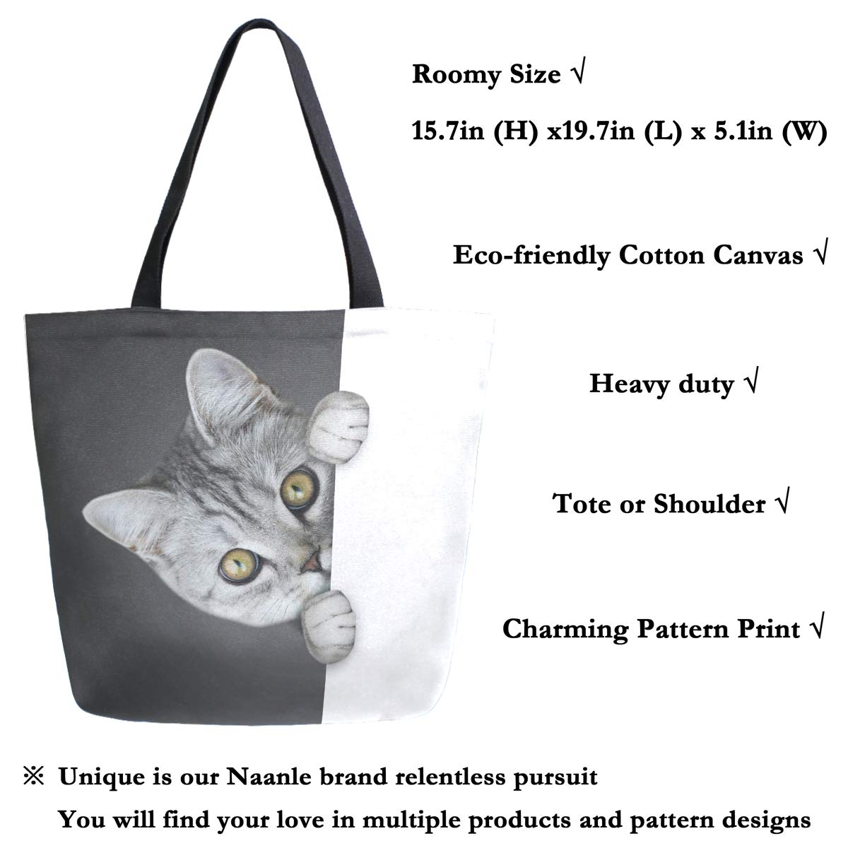 Naanle Funny Cat Canvas Tote Bag Large Women Casual Shoulder Bag Handbag, Black And White Reusable Multipurpose Heavy Duty Shopp