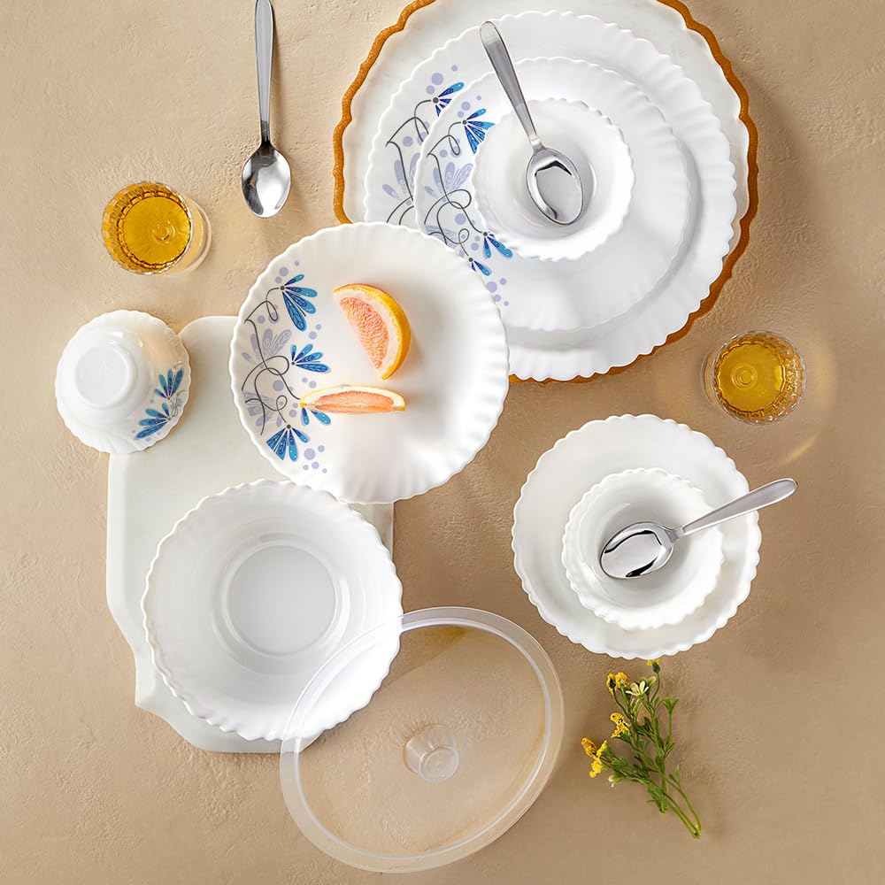 Larah By Borosil Silk Series Twilight Opalware Dinner Set With Steel Spoon | 41 Pcs For Family Of 6 | Microwave & Dishwasher Saf