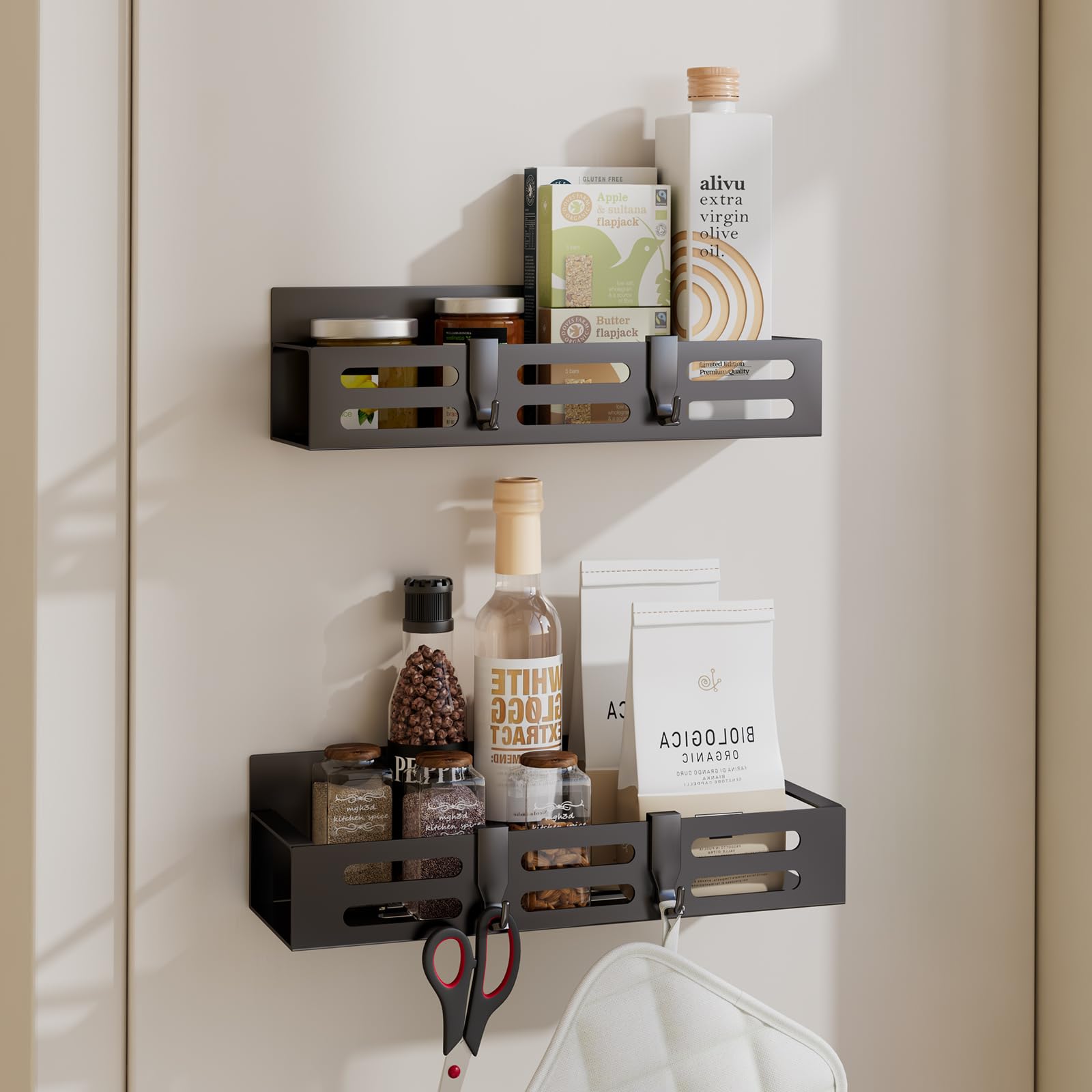 SETBAOO 2 Pack Magnetic Spice Rack for Refrigerator, Black Magnetic Shelf and Fridge Kitchen Cabinet Organizers Storage Seasonin
