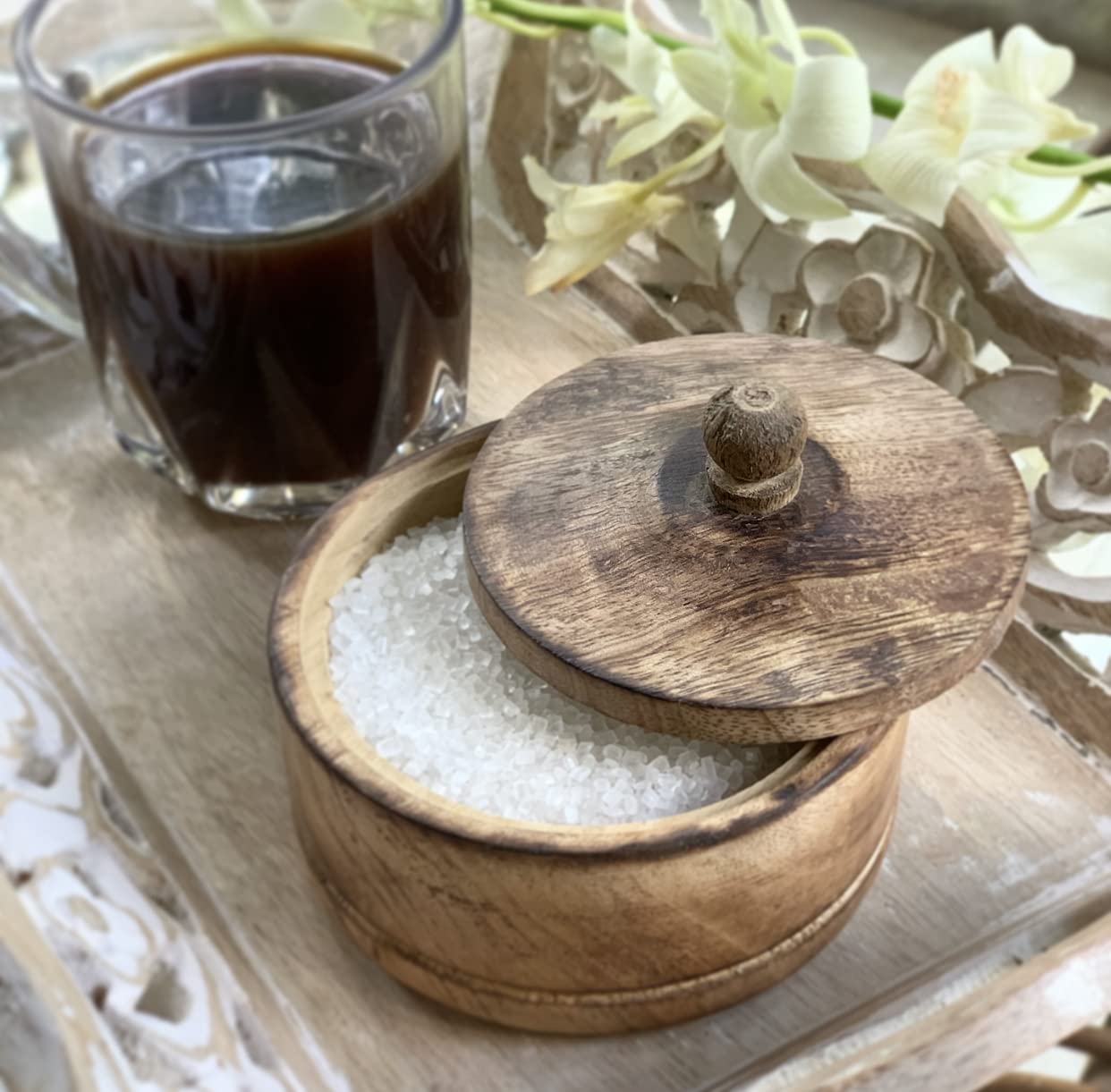 Decorative Rustic Wooden Sugar Bowl With Lid Wide Mouth Candy Treat Jar Spice Jar Holder Condiment Nuts Serving Bowl Pot Salt Sp