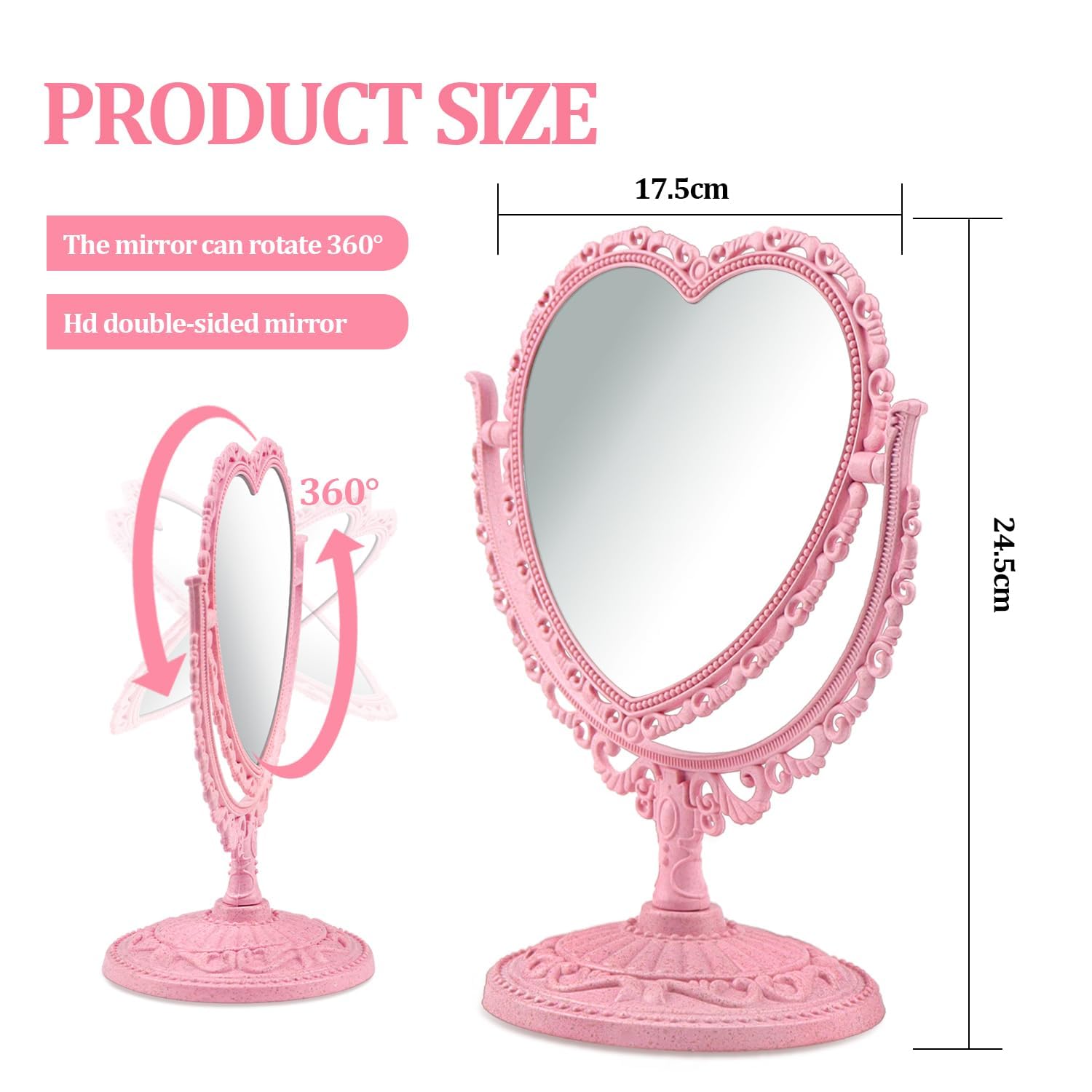Qeeyon Pink Heart Vanity Mirror 360 Degree Swivel Makeup Mirror Aesthetic Mirror Double Sided Table Desk Countertop Mirror Stand