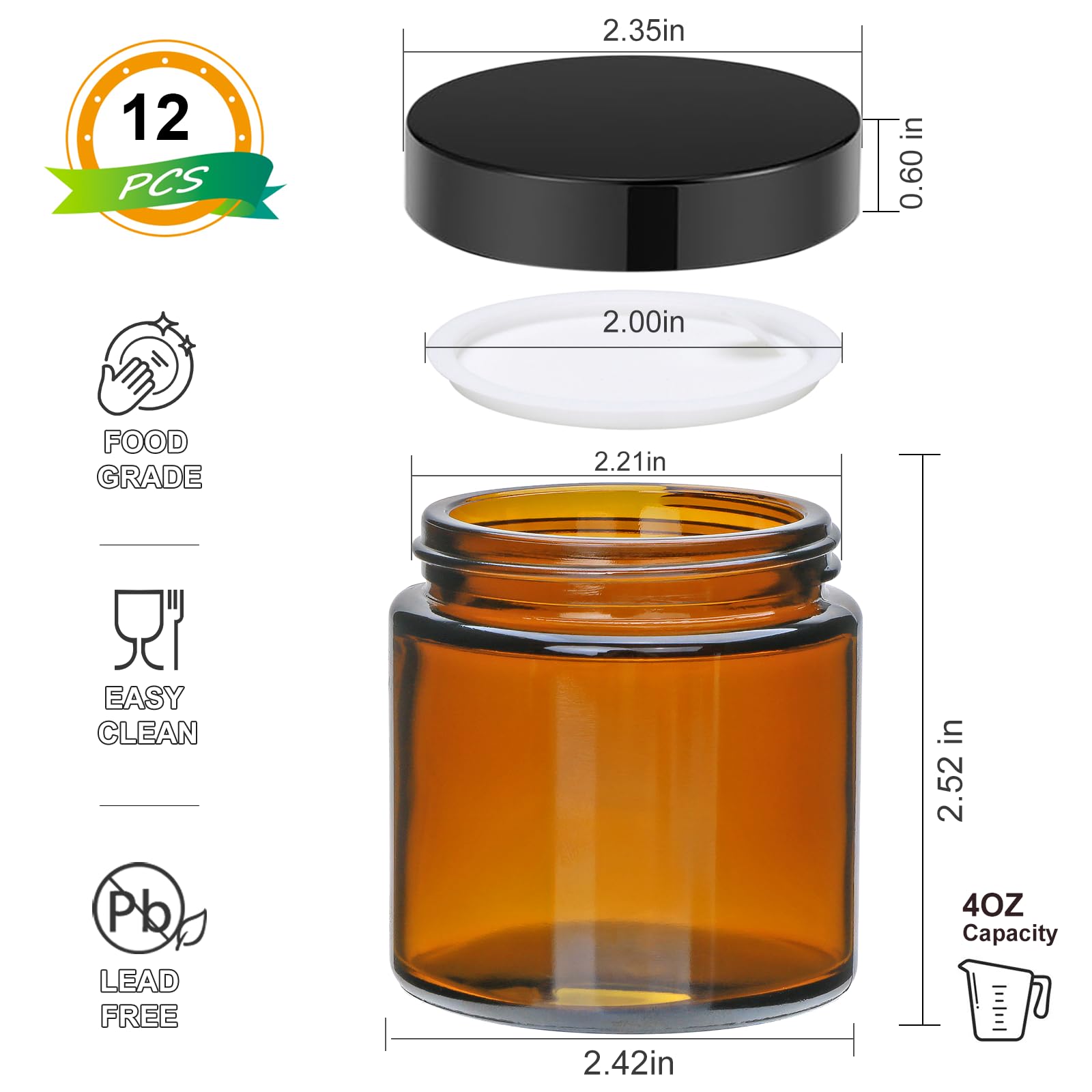 4Oz Glass Amber Cosmetic Jars With Black Lids,12 Pack Empty Small Glass Jars With Inner Liners, Round Sample Container For Cream