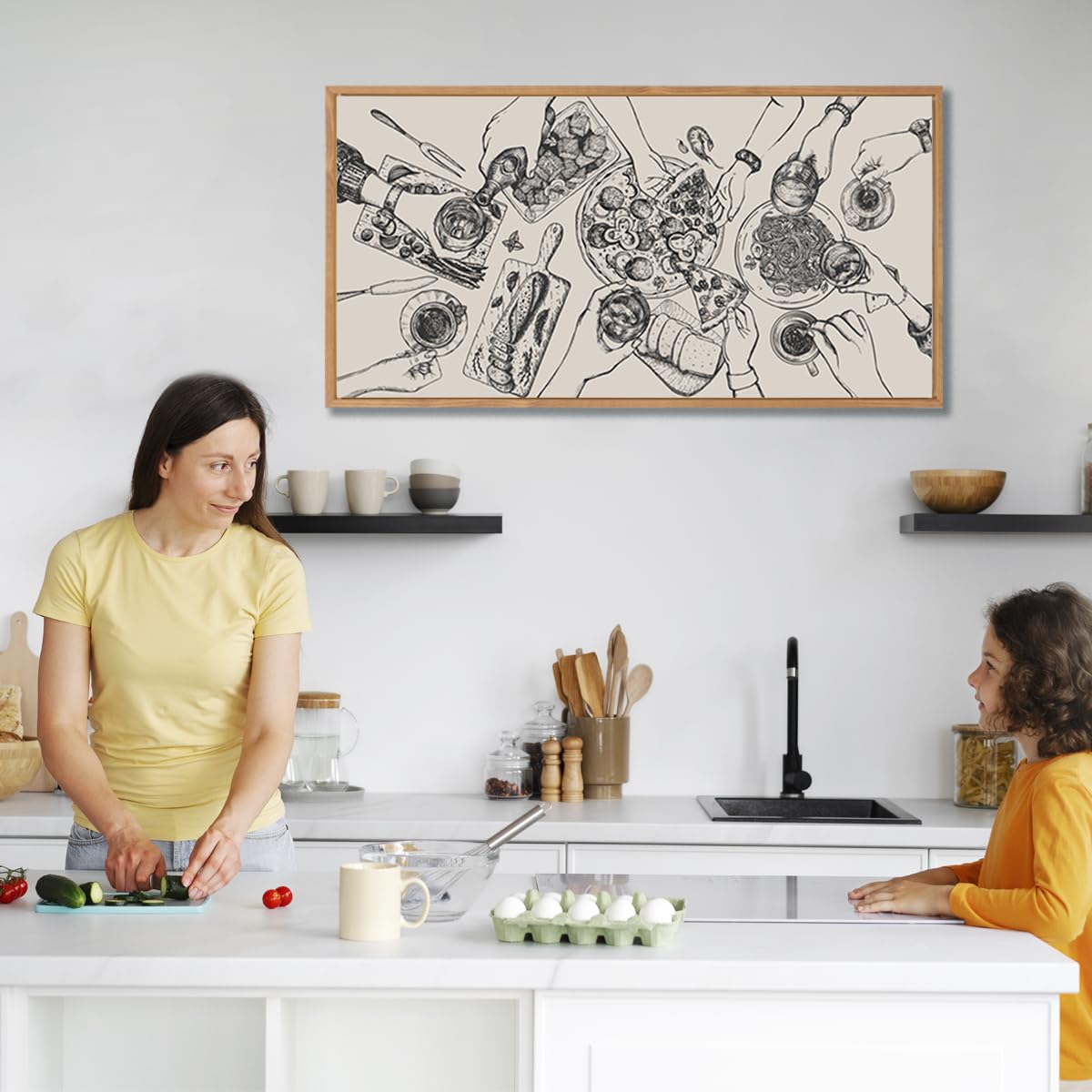 Bincue Large Framed Wall Art Food And Drink Canvas Wall Decor Pizza Cheers Sketch Painting Retro Canvas Wall Art For Kitchen Din