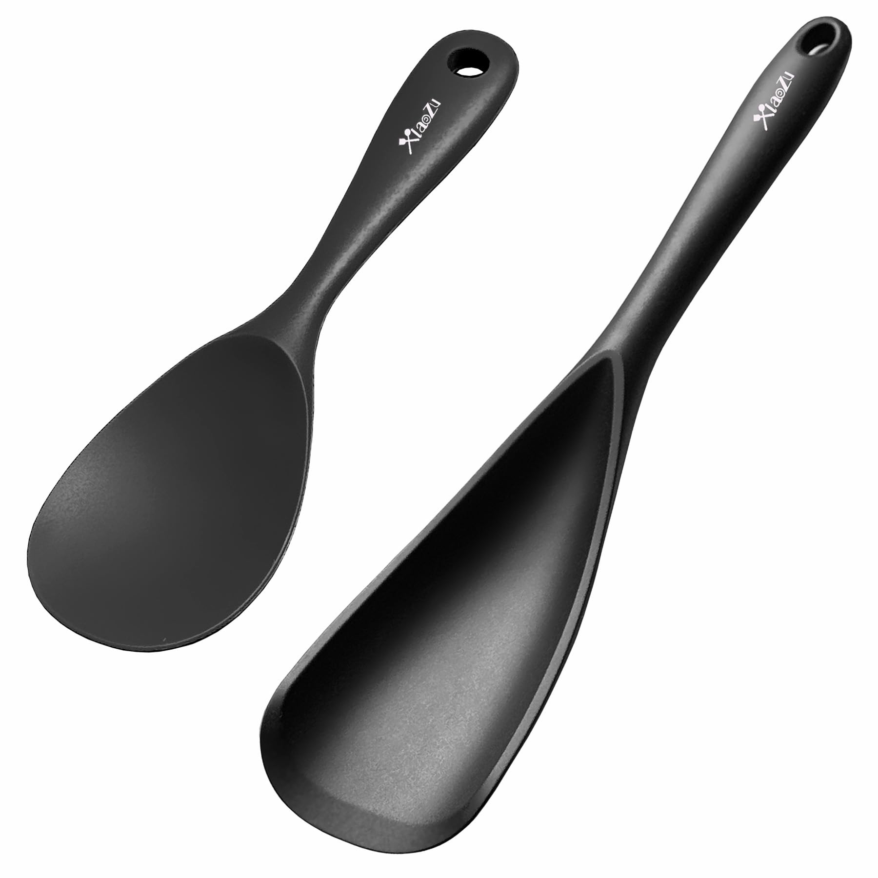 Silicone Cooking Spoon & Rice Scooper Set for Nonstick Cookwares, 2Pc Black