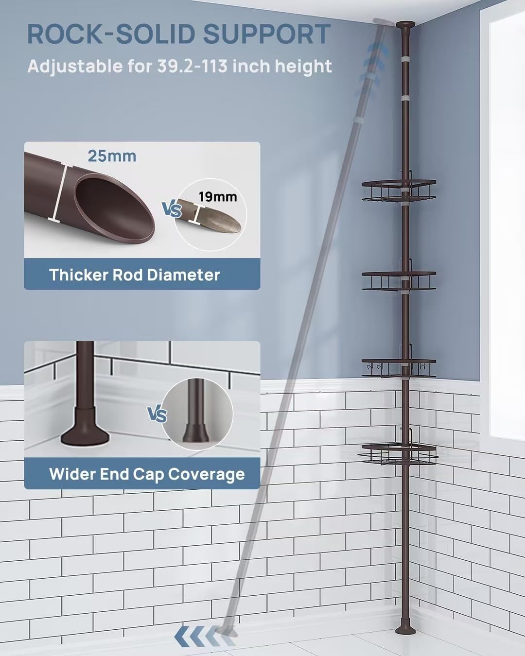 Seirione Rustproof Shower Corner Caddy Organizer For Bathroom,Tension Pole With 4 Baskets, For Bathtub Storage Rack,39.2 To 113