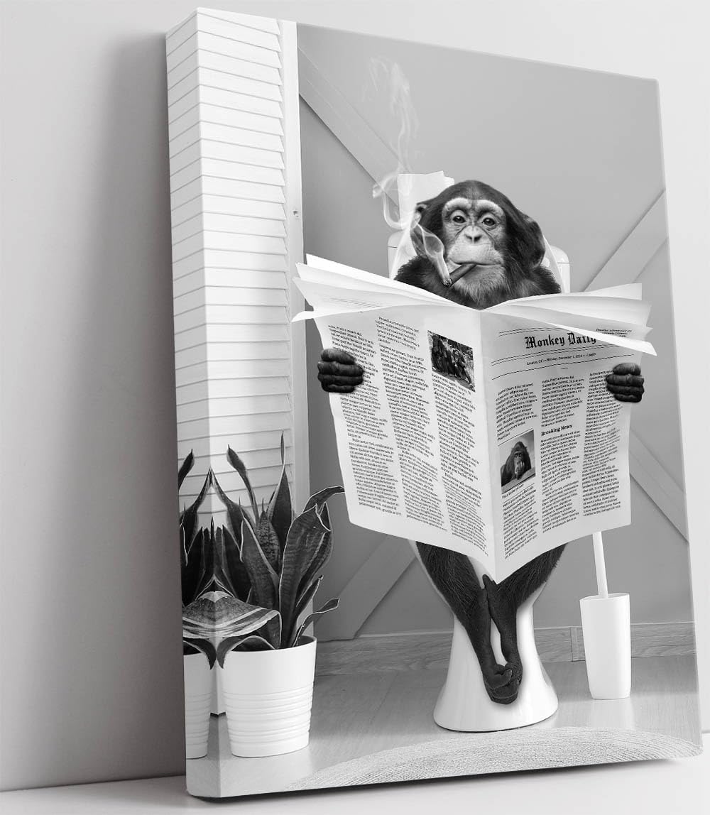 Biufo Monkey On Toilet Canvas Wall Art Print Animal Portrait Picture Artwork For Bedroom Bathroom Decor (12''X16'')