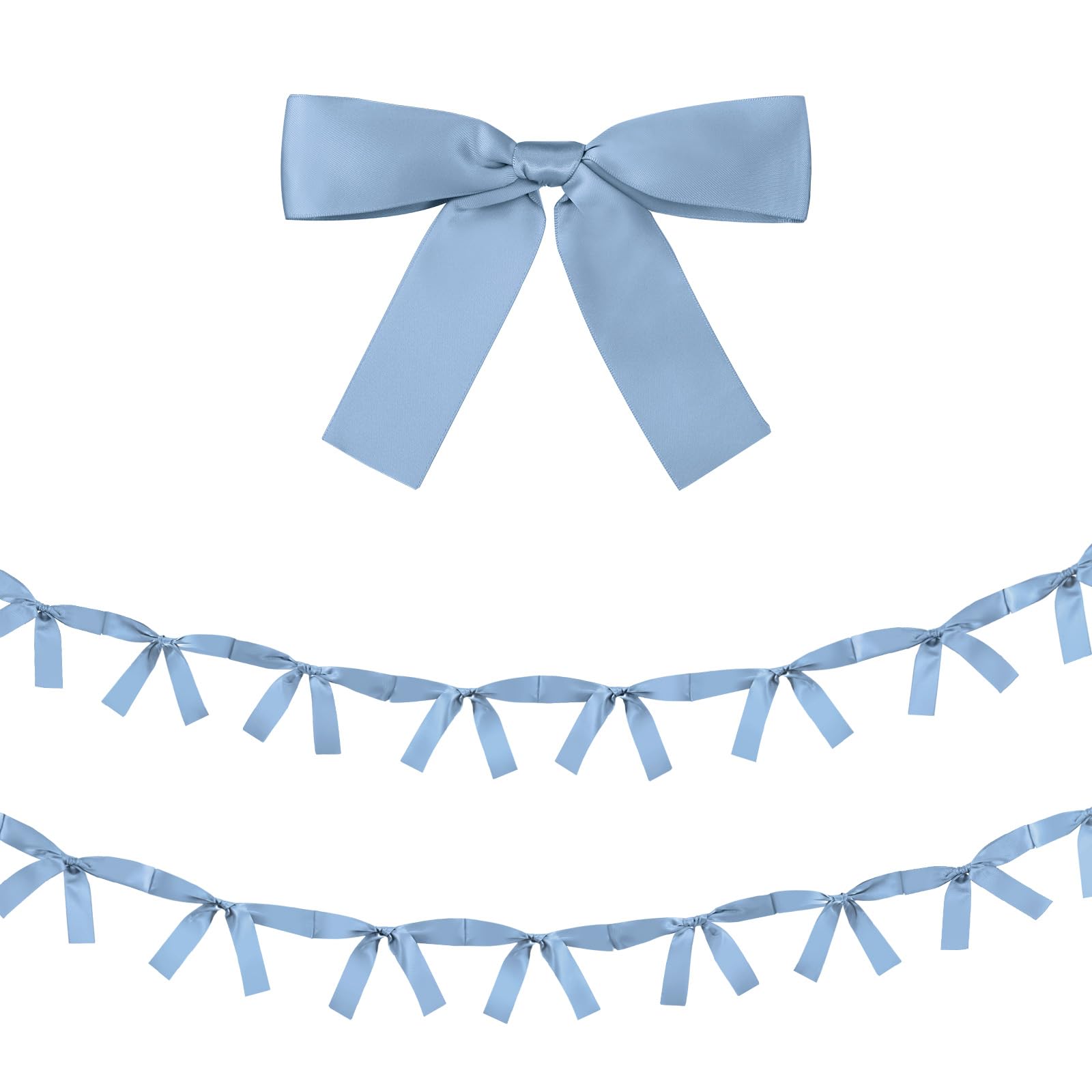 Trandraft 2 Pcs Christmas Bow Garland Banner 16.4 ft Pre-Assembled Dusty Blue Satin Bows Ornaments Christmas Bows Hanging Decors