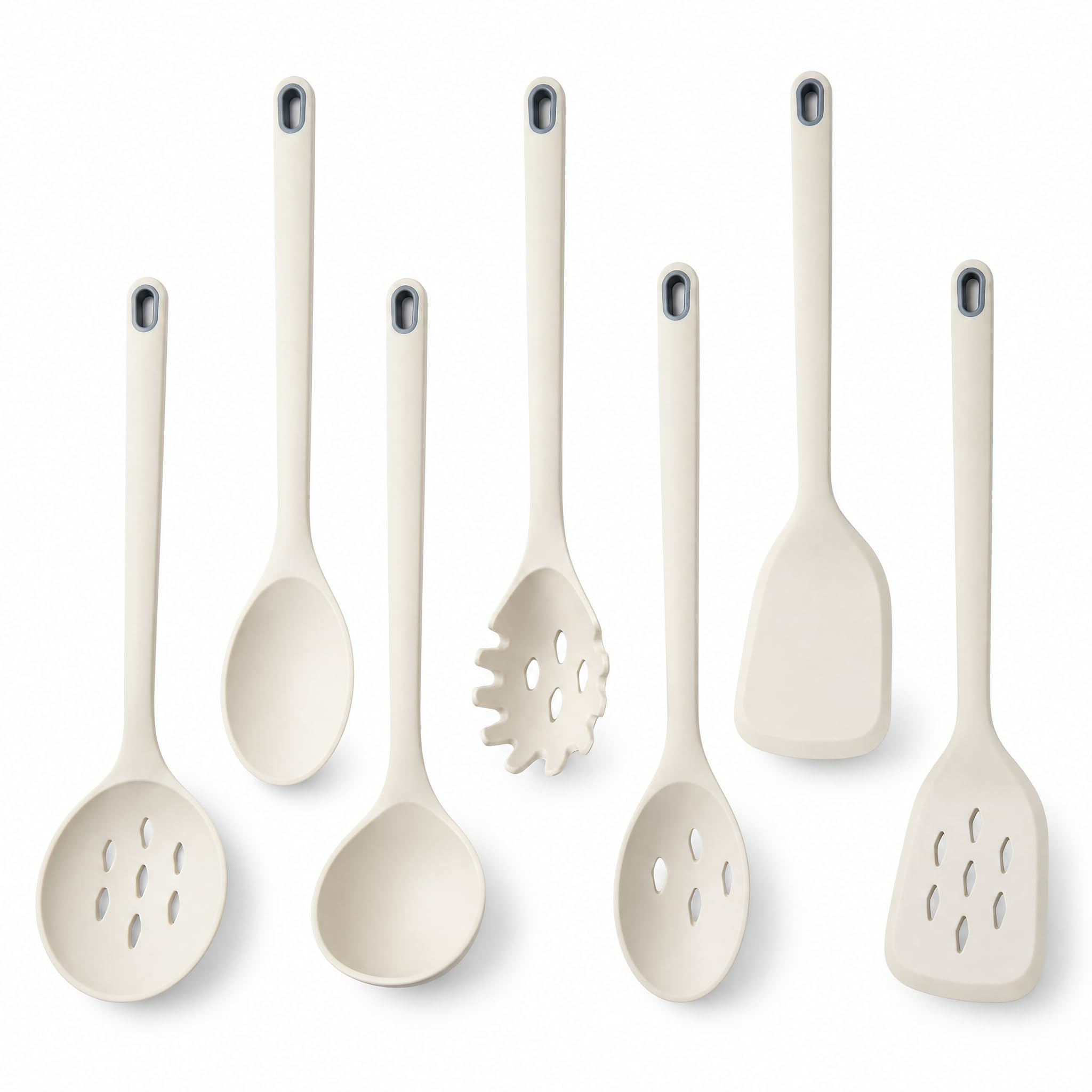 Ksedanlo 7 Long Silicone Cooking Utensils Set, OnePiece Style Nonstick Slotted Spoons, Spatulas, Ladle And Spoon Set, 446F Hea
