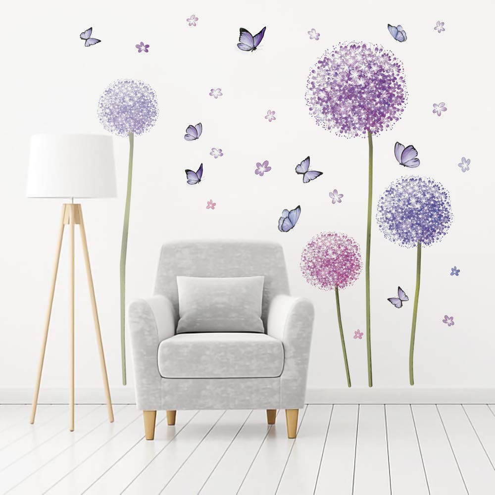 Runtoo Flower Wall Decals Dandelion Butterfly Wall Stickers For Bedroo ...