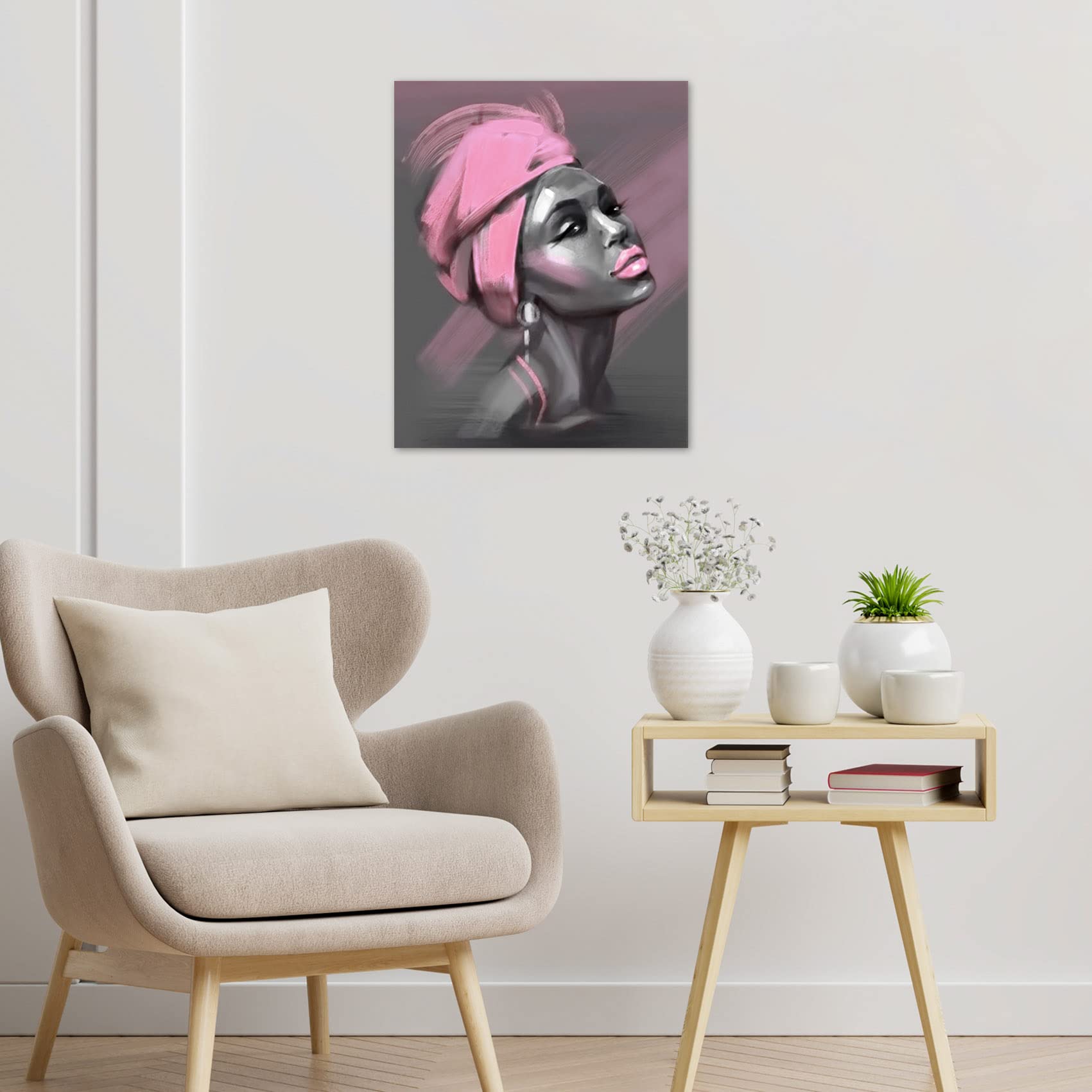 LB African American Women Canvas Wall Art  Beauty Black Woman Pink Hair Canvas Art  Abstract Minimalist Painting Wall Decor for Living Room Bedroom Bathroom Home Decor Ready to Hanging 12x16 Inch