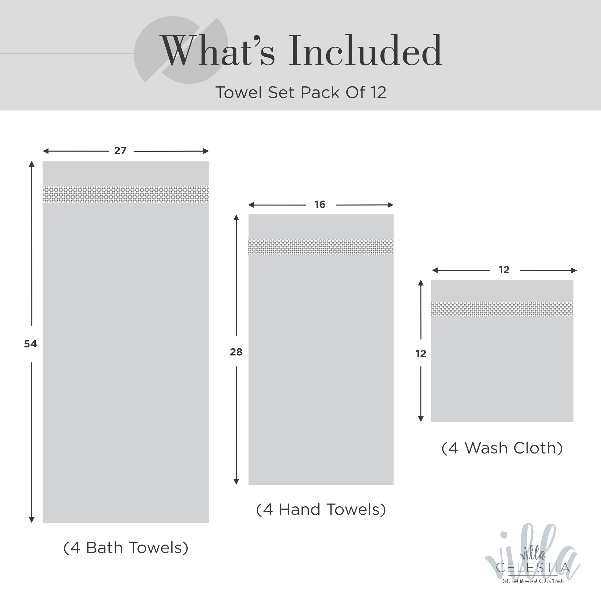 Villa Celestia 100% Cotton Bath Towel Set Of 12-4 Bath Towels, 4 Hand Towels, 4 Wash Cloths, Sustainable, Soft, Highly Absorbent