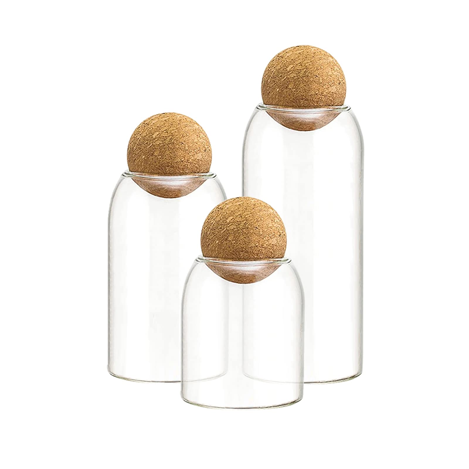 AEFPOYMXU 3 Pcs Glass Jars with Cork Ball Lid Set Kitchen Food Terrarium Airtight Clear Storage Canisters with Wooden Lids for C