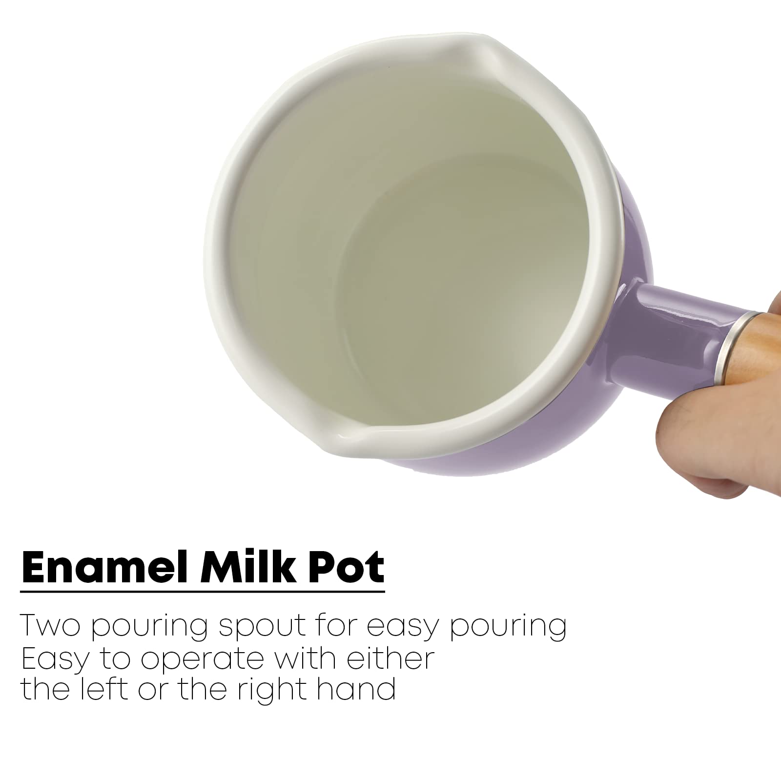 Farcady 0.6Qt Mini Enamel Milk Pot Insulated Wooden Handle 2 Pour Spouts Small Food Warmer Cute Saucepan(D015,Purple)