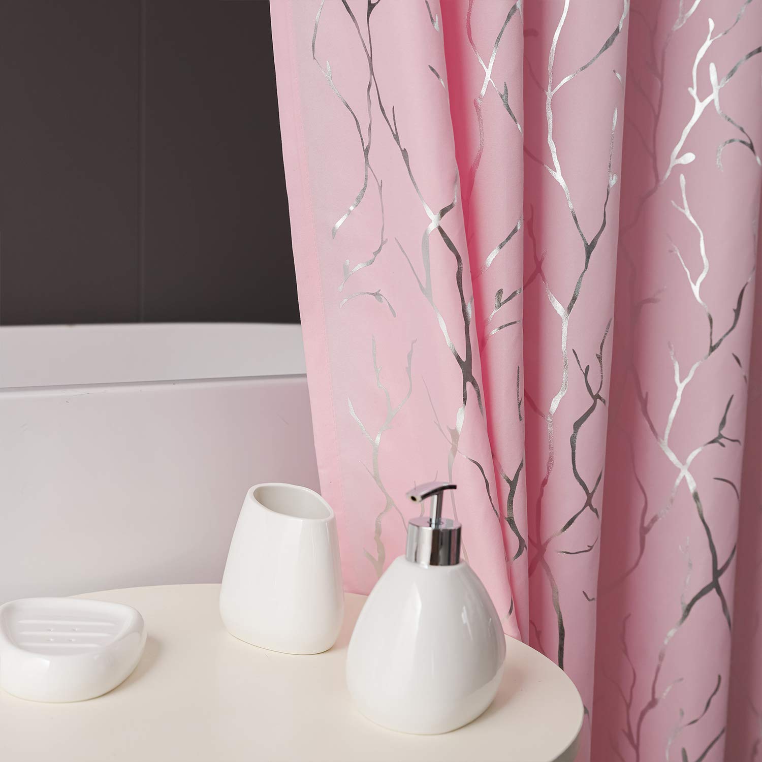 Finecity Pink Artistic Shower Curtain Set - Metallic Silver Foil Tree Branch Pattern Print Grommet Shower Curtain With 12 Hooks