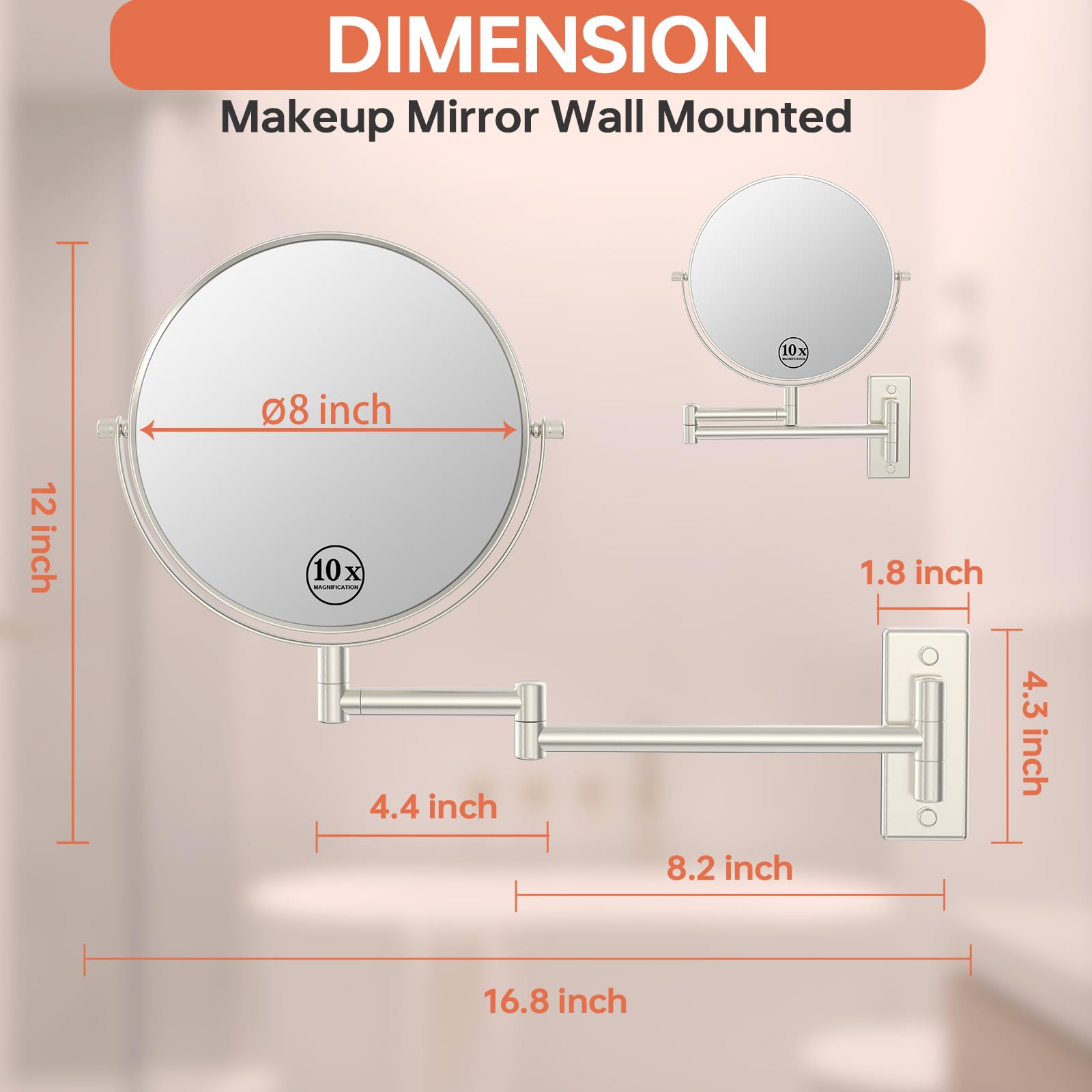 Erlingeryi 8'' Wall Mounted Makeup Mirror 1X/ 10x Magnifying Mirror Double Sided Vanity Makeup Mirror for Bathroom Nickel Brush Finish