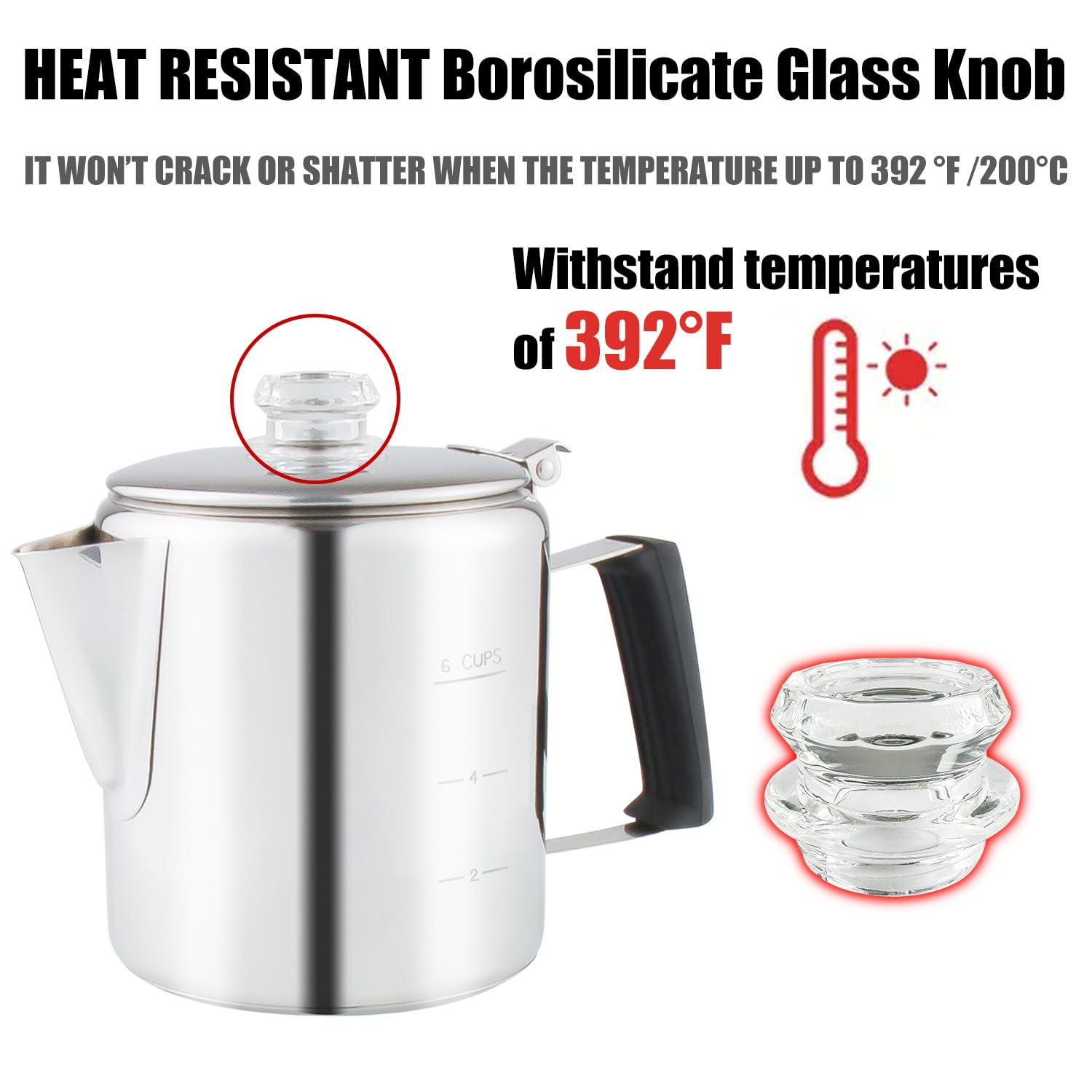 Apoxcon Multi Use Coffee Percolator Pot With Heat Resistant Borosilicate Glass Knob & Antiflaming Silica Handle Stainless Steel