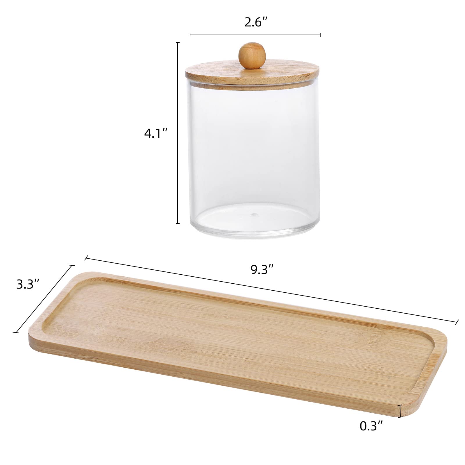 Tbestmax 10 Oz Cotton Swab/Ball/Pad Holder with Vanity Tray  Qtip Apothecary Jar  Clear Bathroom Containers Dispenser for Storage 3 Pack Wood Lids