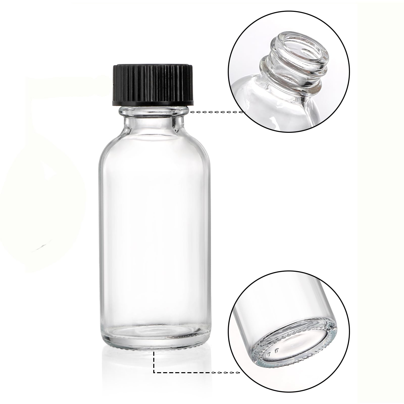 Bekith 30 Pack Boston Round Glass Bottle with Black Cap  1 oz Capacity  Clear